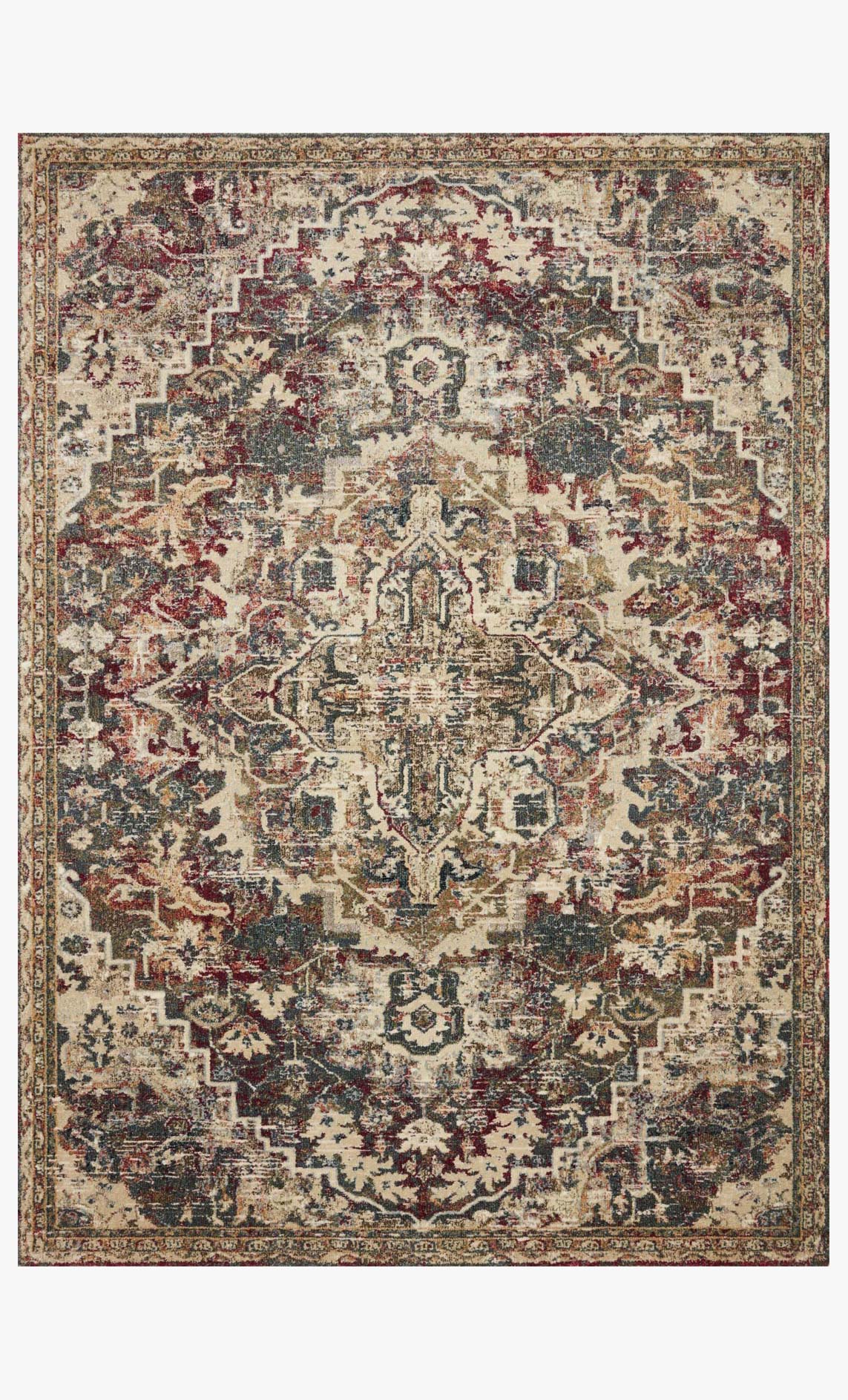 Contemporary power-loomed rug with ornate cream center and navy/burgundy medallion border