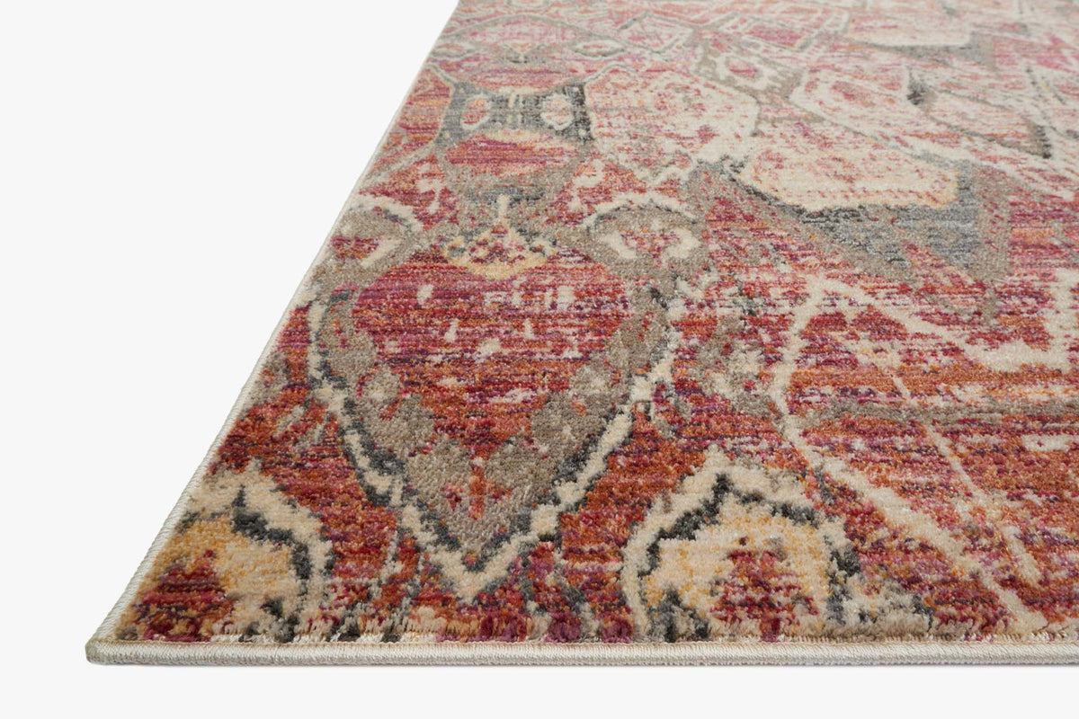 Contemporary power-loomed rug corner, berry and ivory with distressed geometric motifs