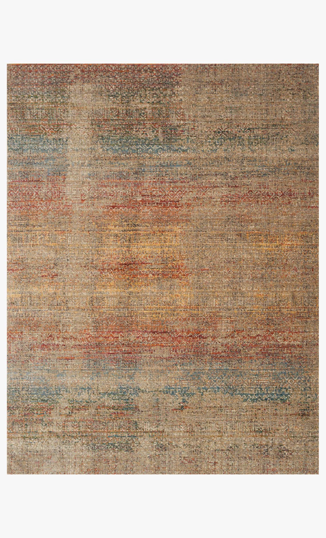 Contemporary power-loomed rug with abstract smoke, prism beige, orange, and teal texture