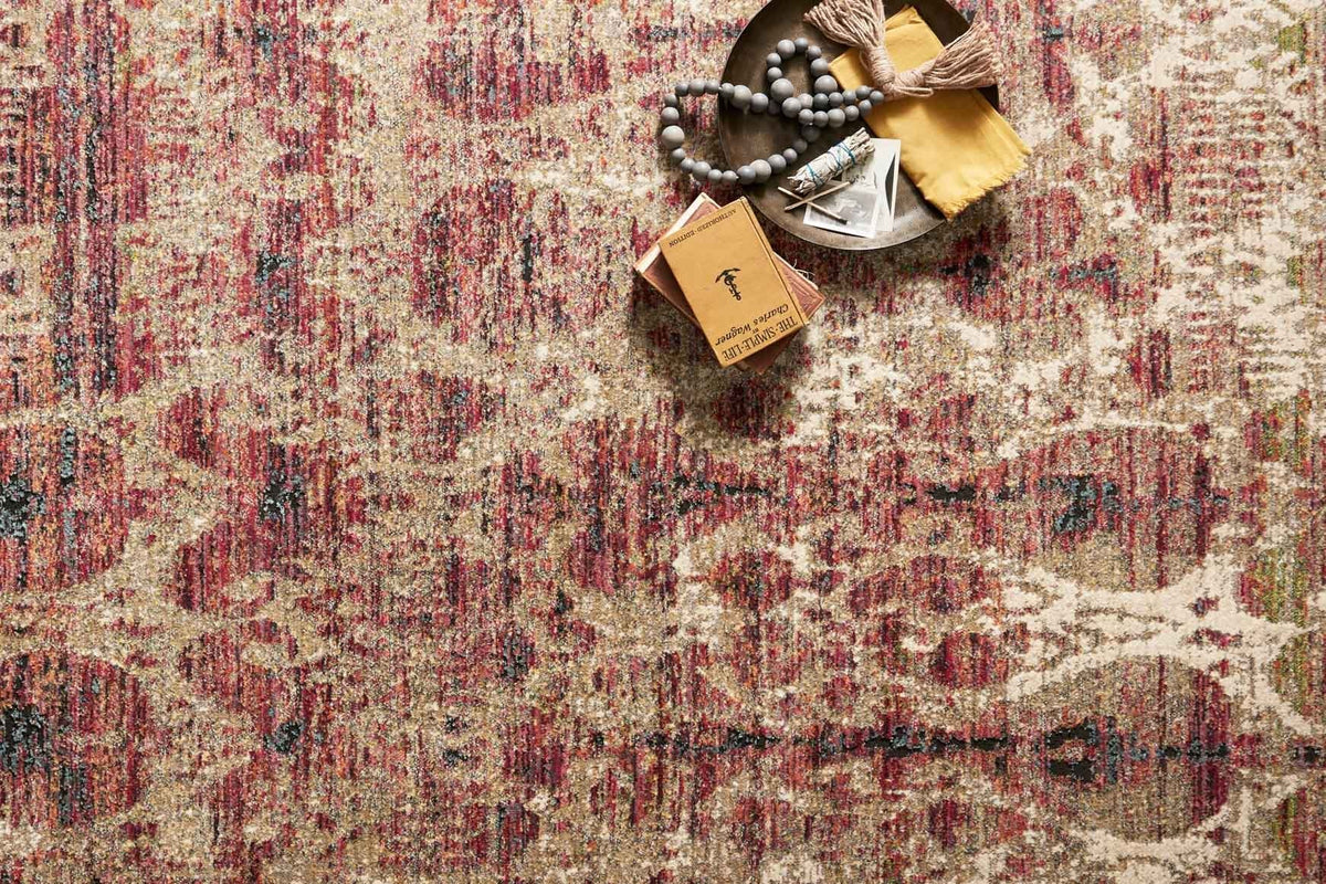 Abstract power-loomed rug in cream, berry red, and muted brown with textured speckling