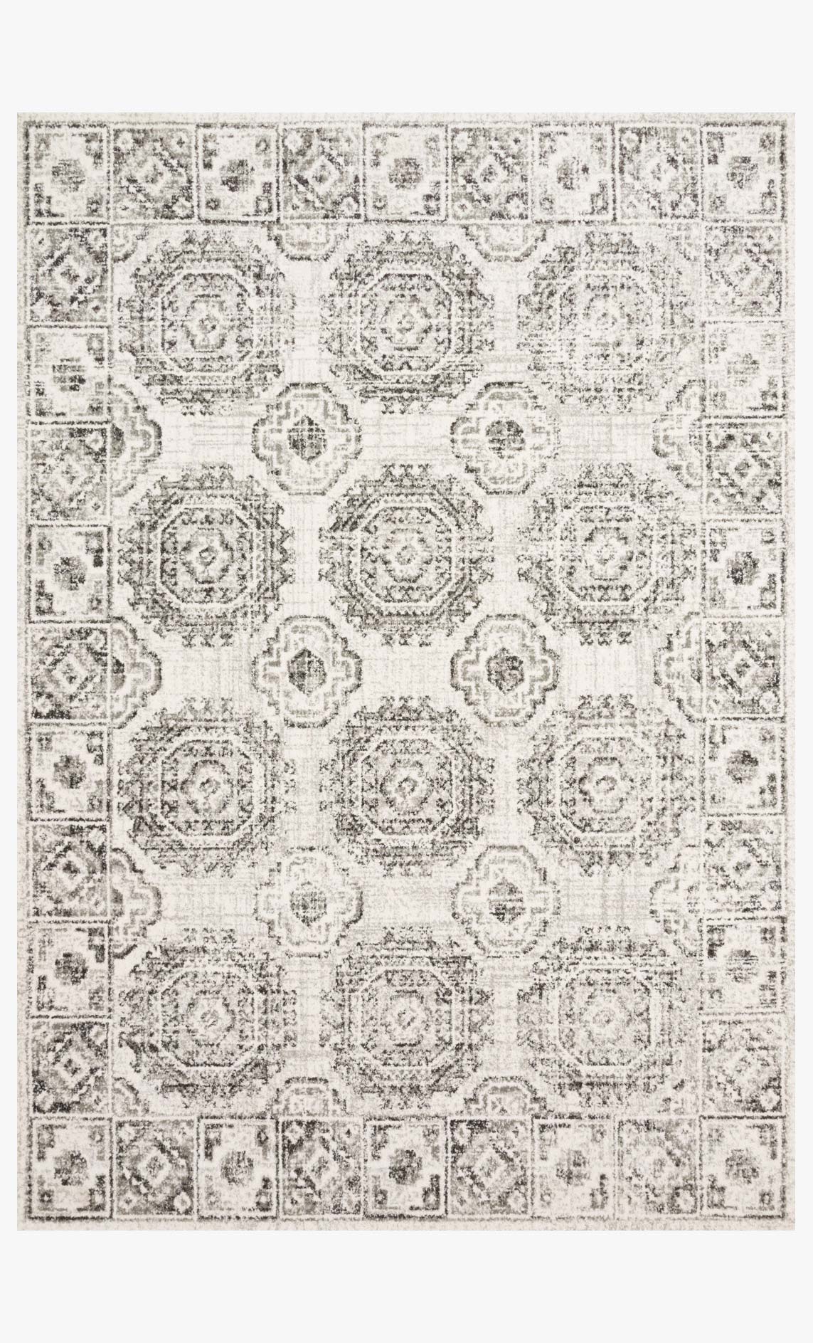 Ivory and charcoal traditional rug with ornate medallion and border pattern