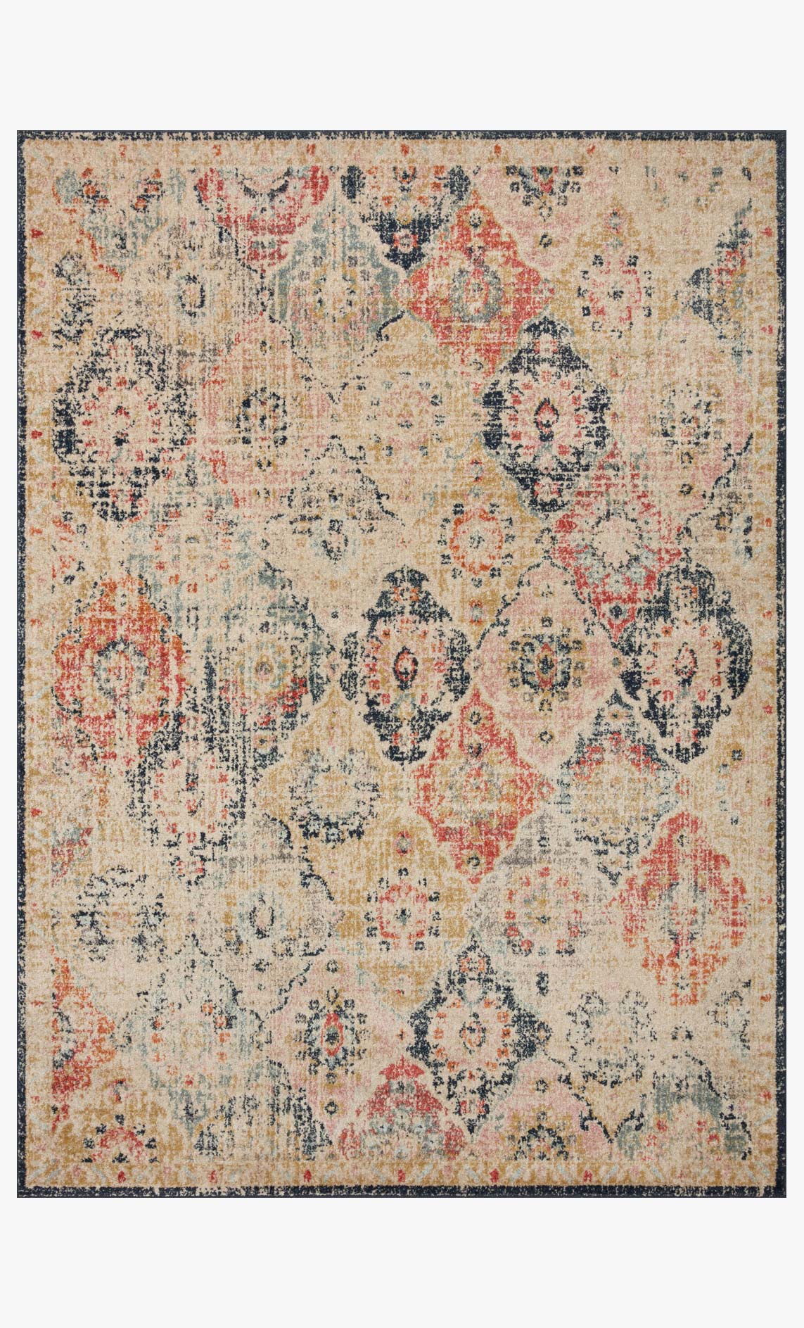 Transitional power-loomed rug with distressed multicolor medallion pattern on khaki base