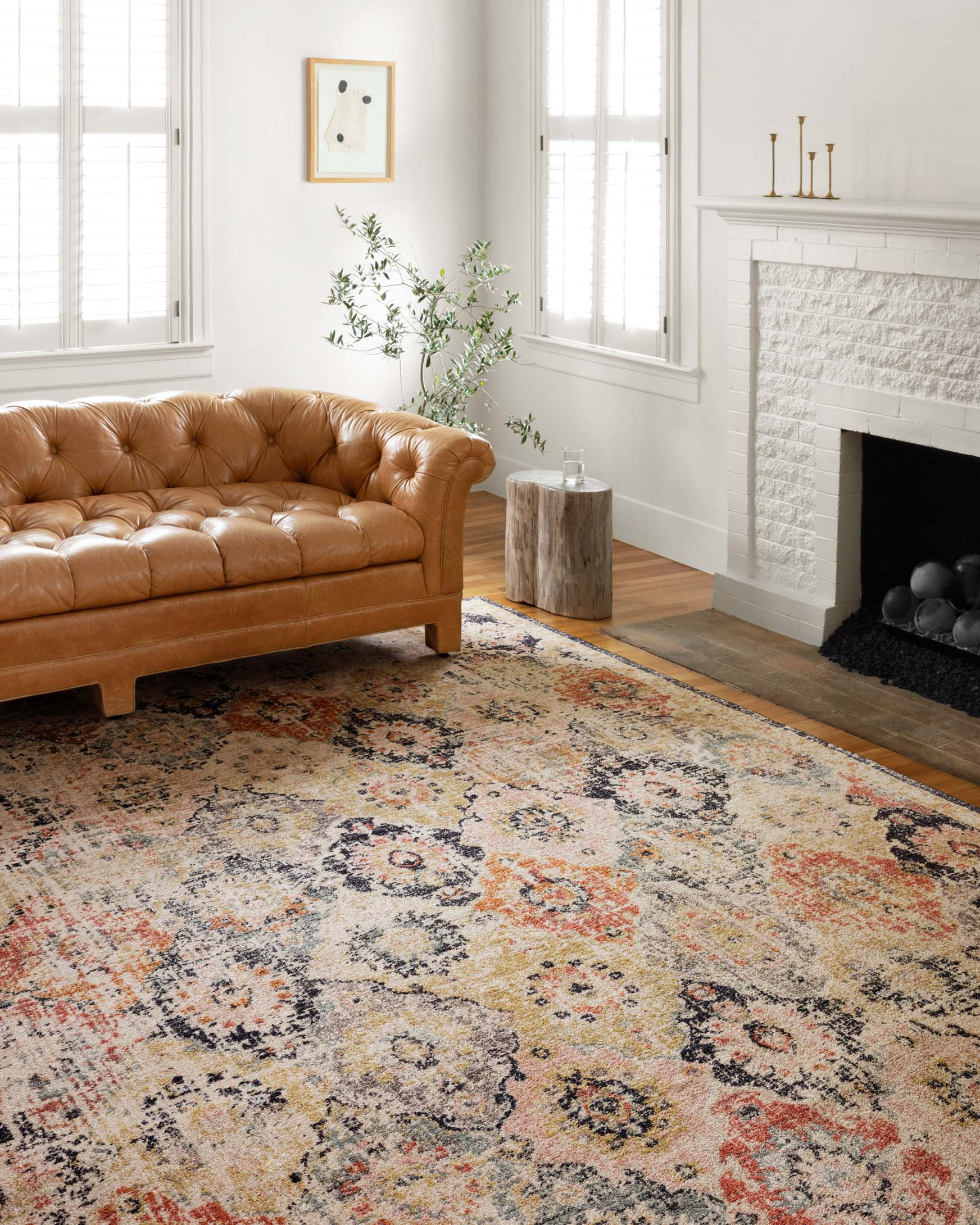 Transitional power-loomed area rug with distressed Persian-style motifs and border, beige/blue