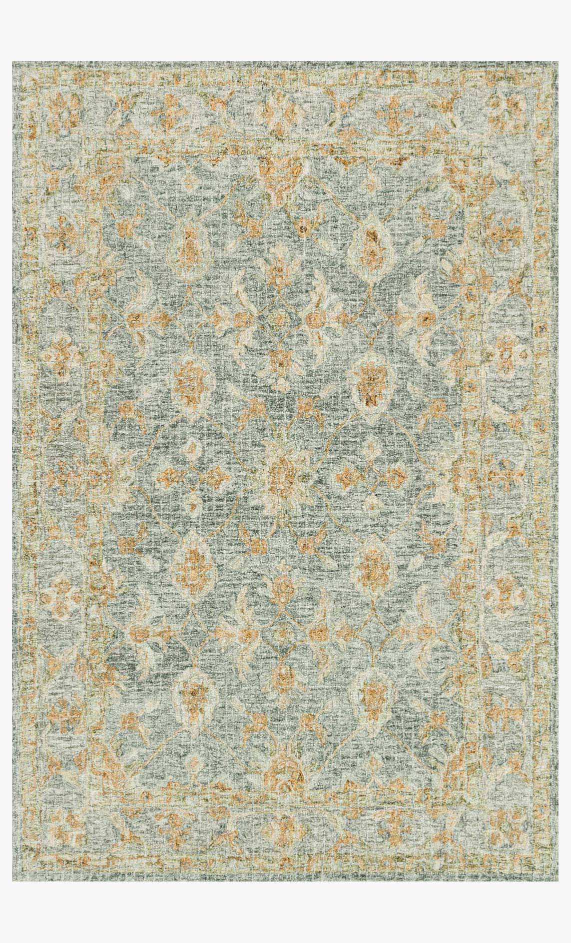 Transitional hooked rug in light blue with tan and gold speckled pattern