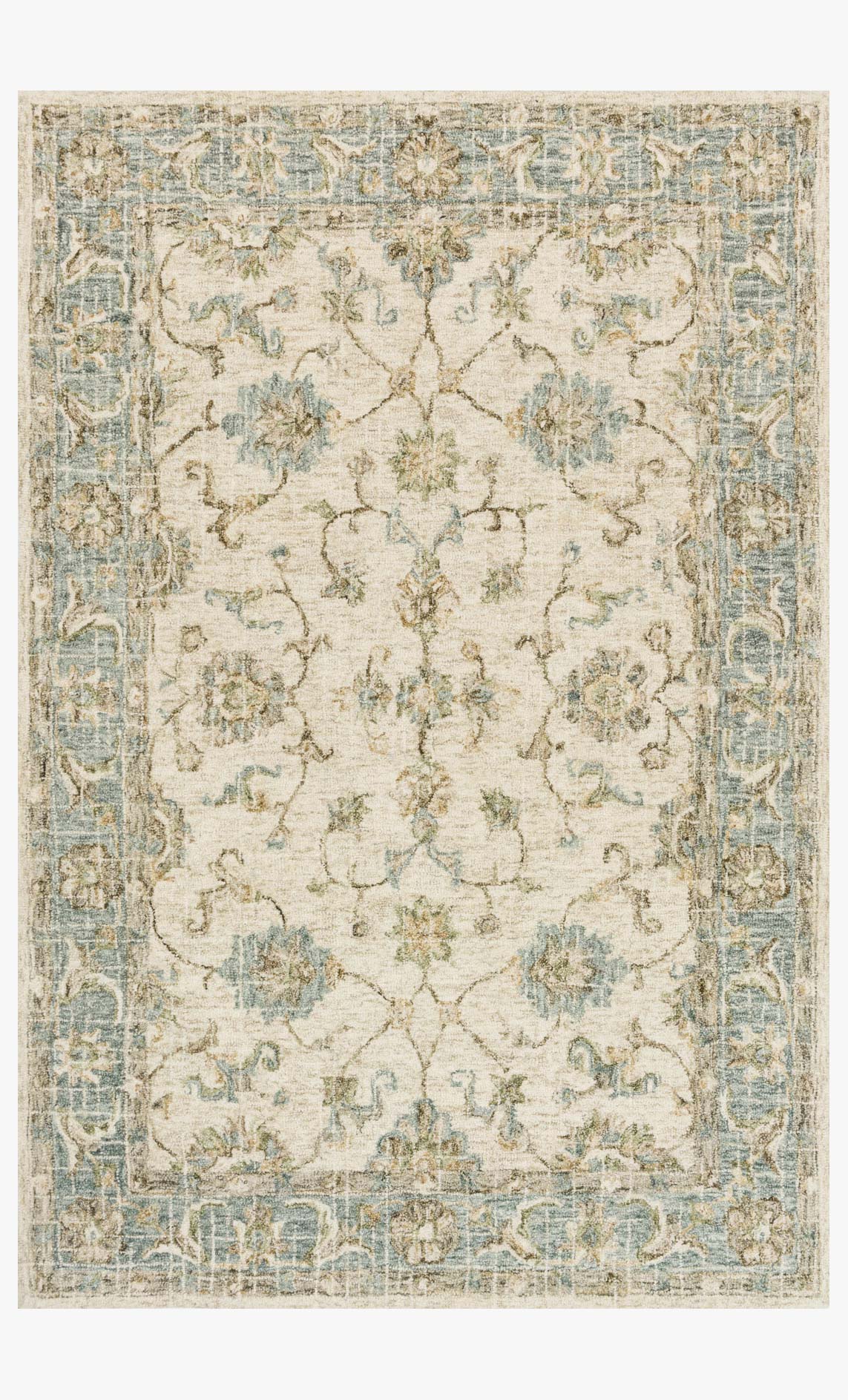 Ivory and spa transitional hooked rug with ornate floral medallion border, JI-06
