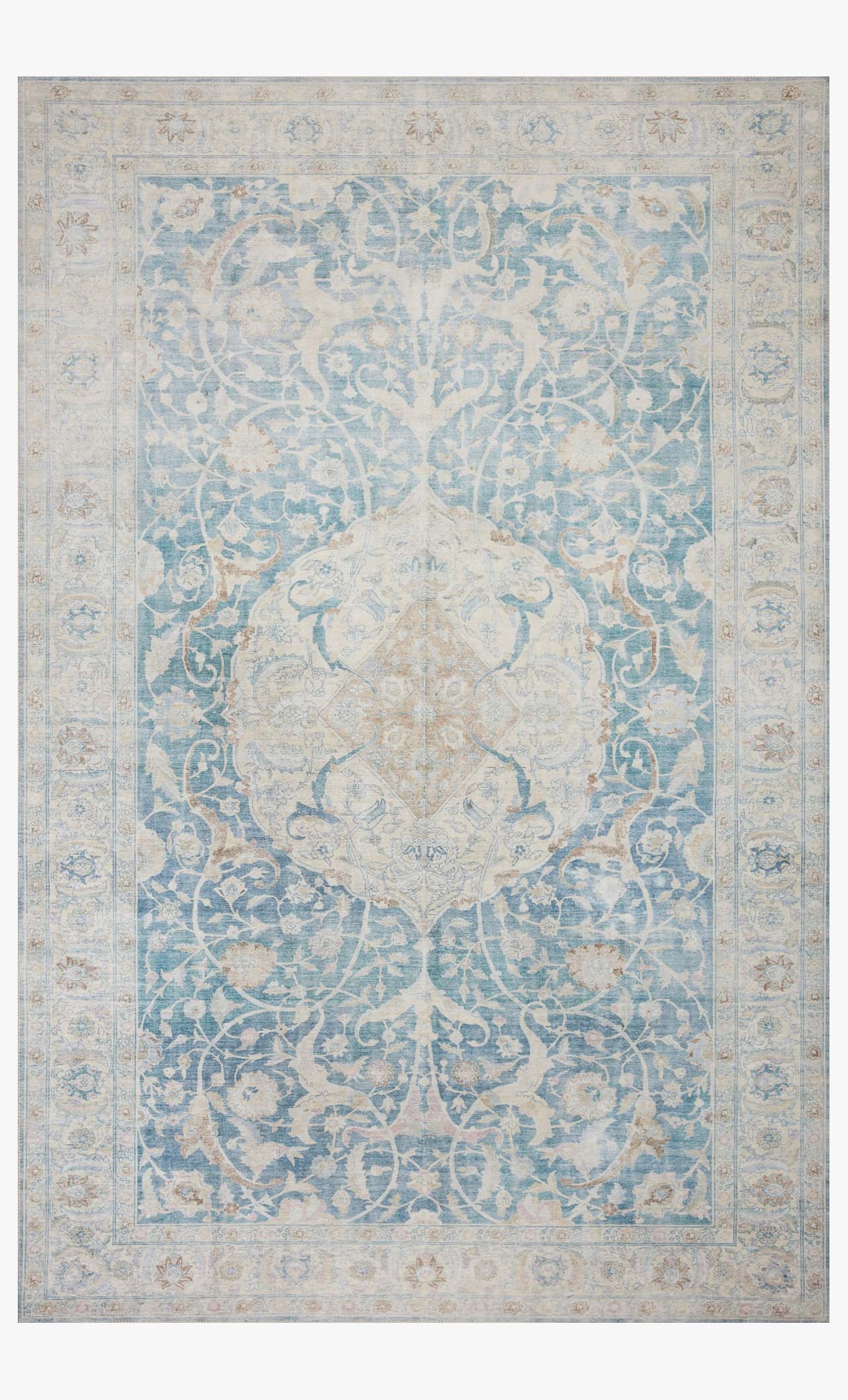 Traditional power-loomed rug with antique cream and sky blue ornate medallion pattern.
