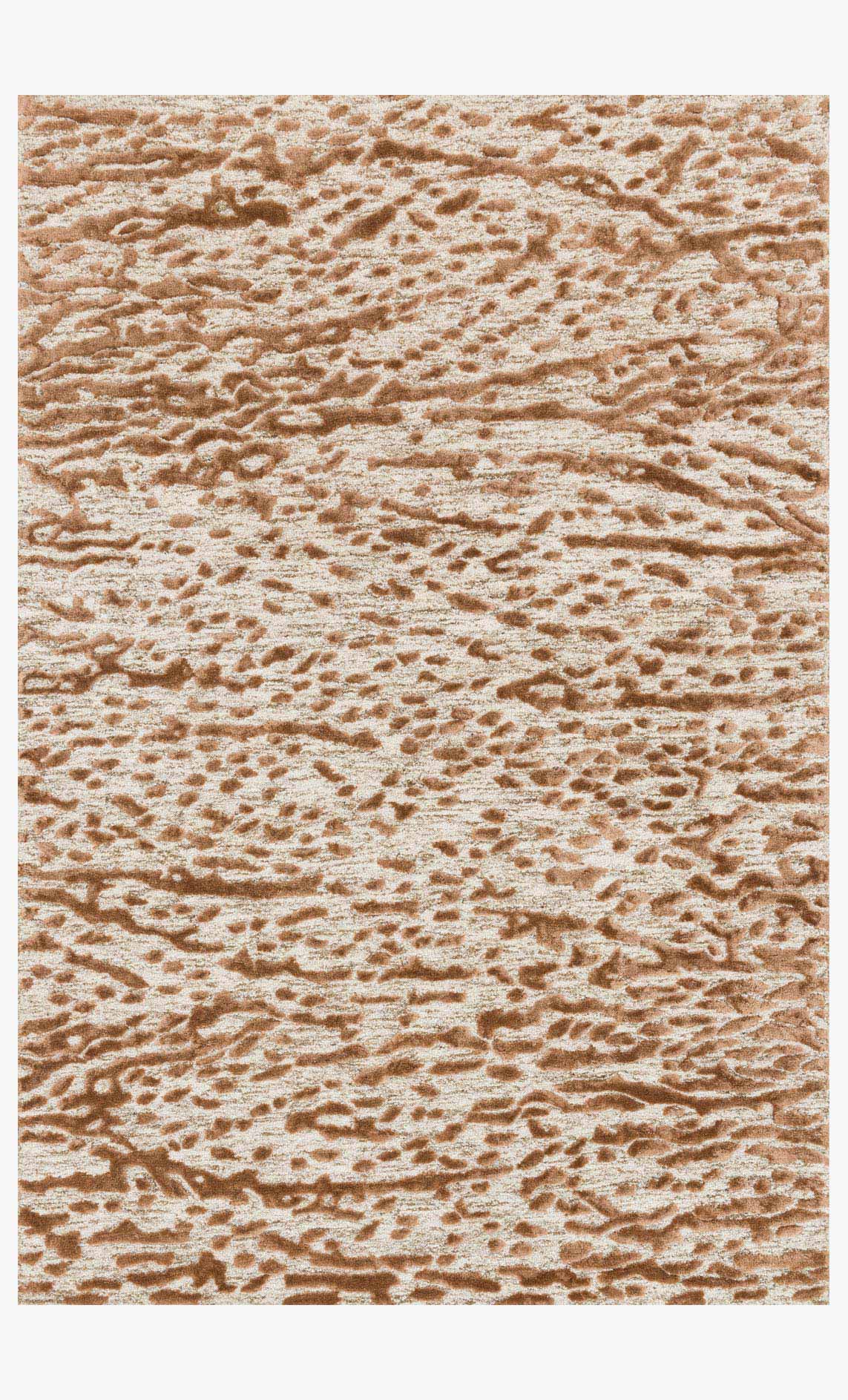 Oatmeal and terracotta hand-tufted rug with distressed spotted pattern.
