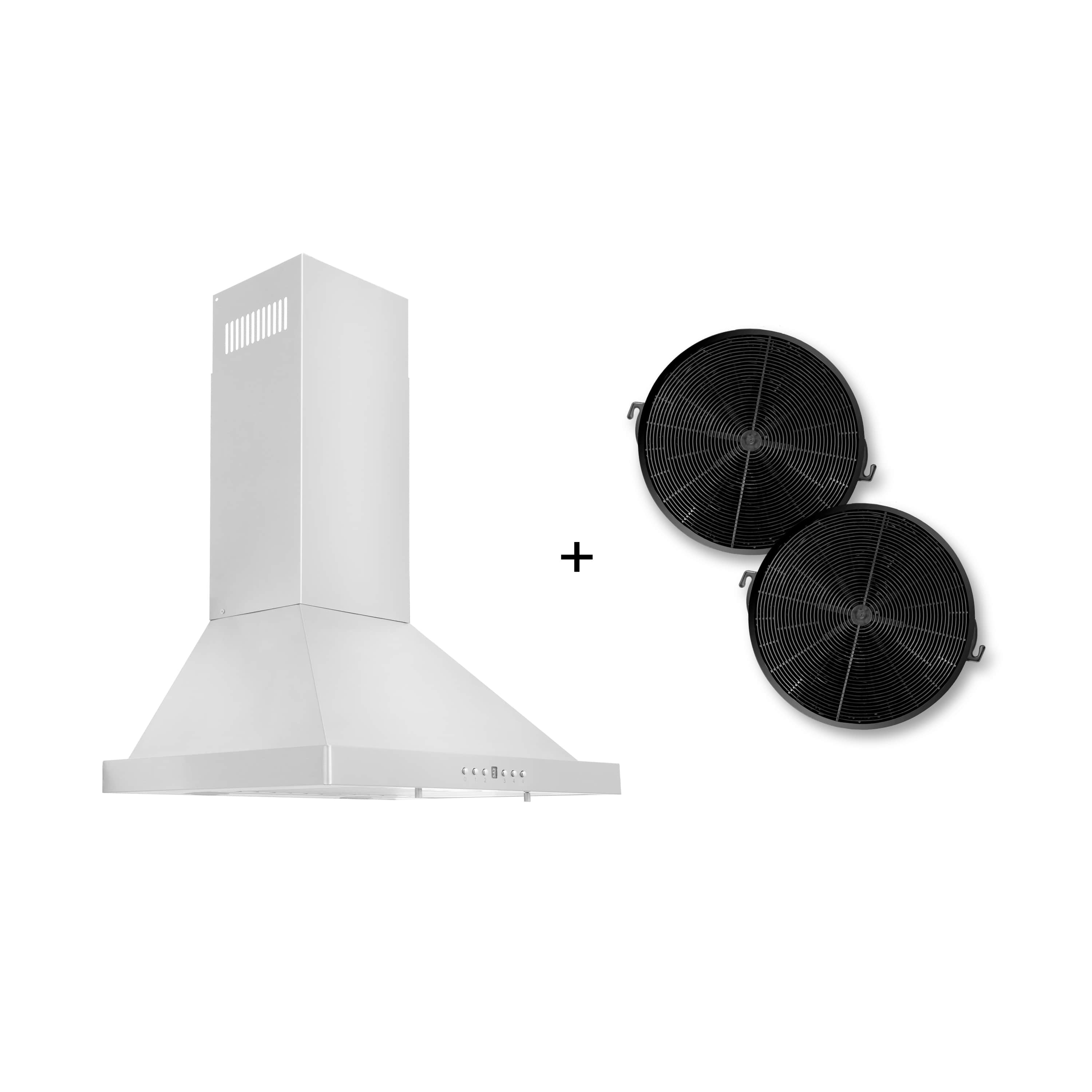White wall-mount range hood with two charcoal filter discs