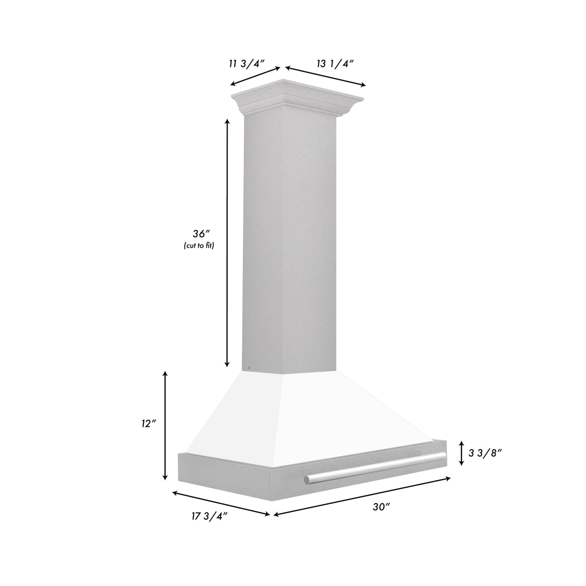 Wall-mounted range hood, white matte chimney with satin stainless canopy and control handle.