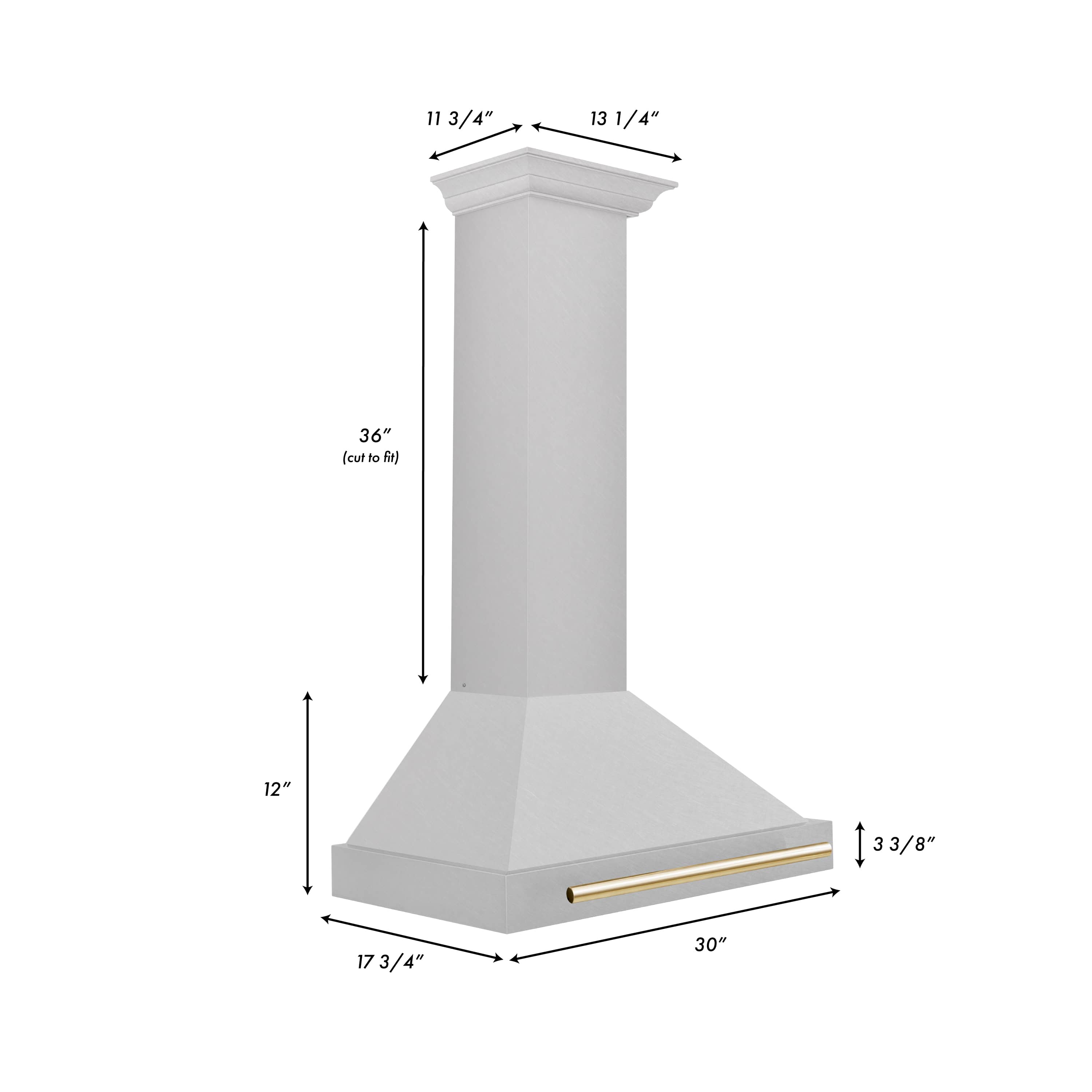 Chimney wall range hood in satin stainless steel with gold trim handle