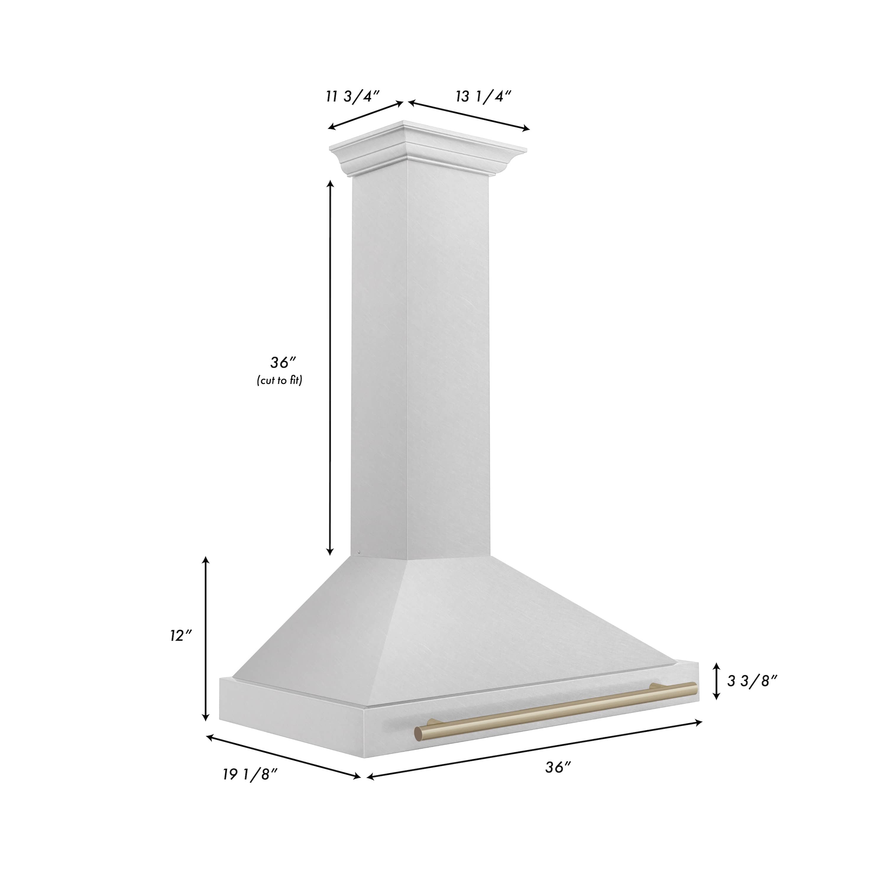 Satin stainless steel wall range hood with champagne bronze trim bar, chimney style.