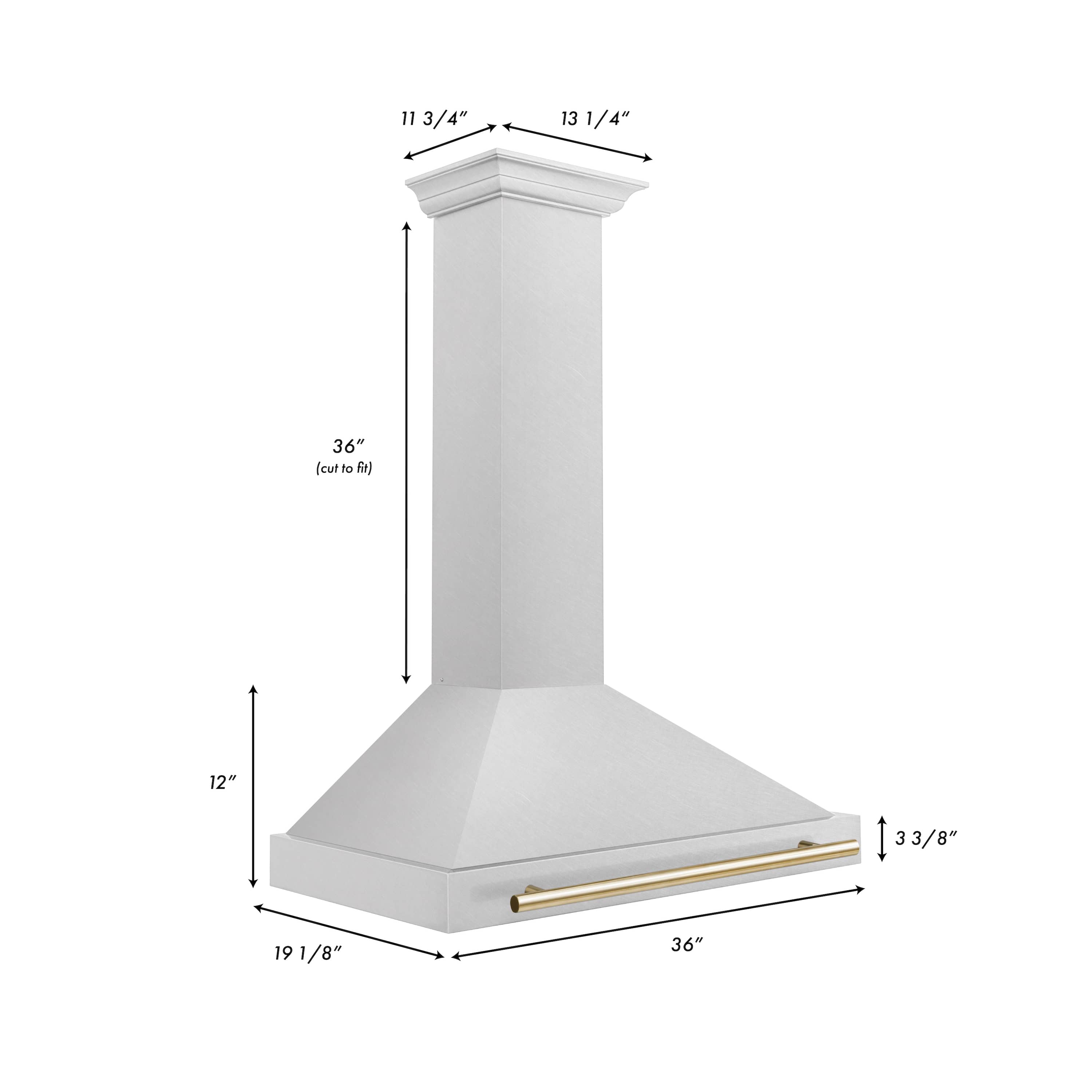 Wall-mounted range hood with satin stainless chimney and gold accent bar