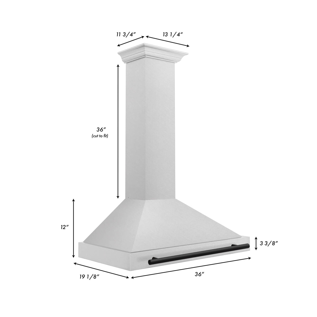Wall-mounted range hood with matte black handle and white stainless body, dimensions shown