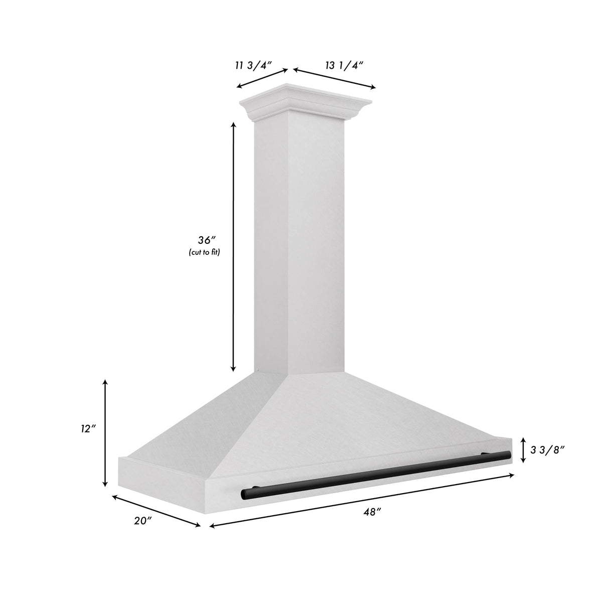 Wall-mounted range hood with satin stainless-steel chimney and matte black front handle bar