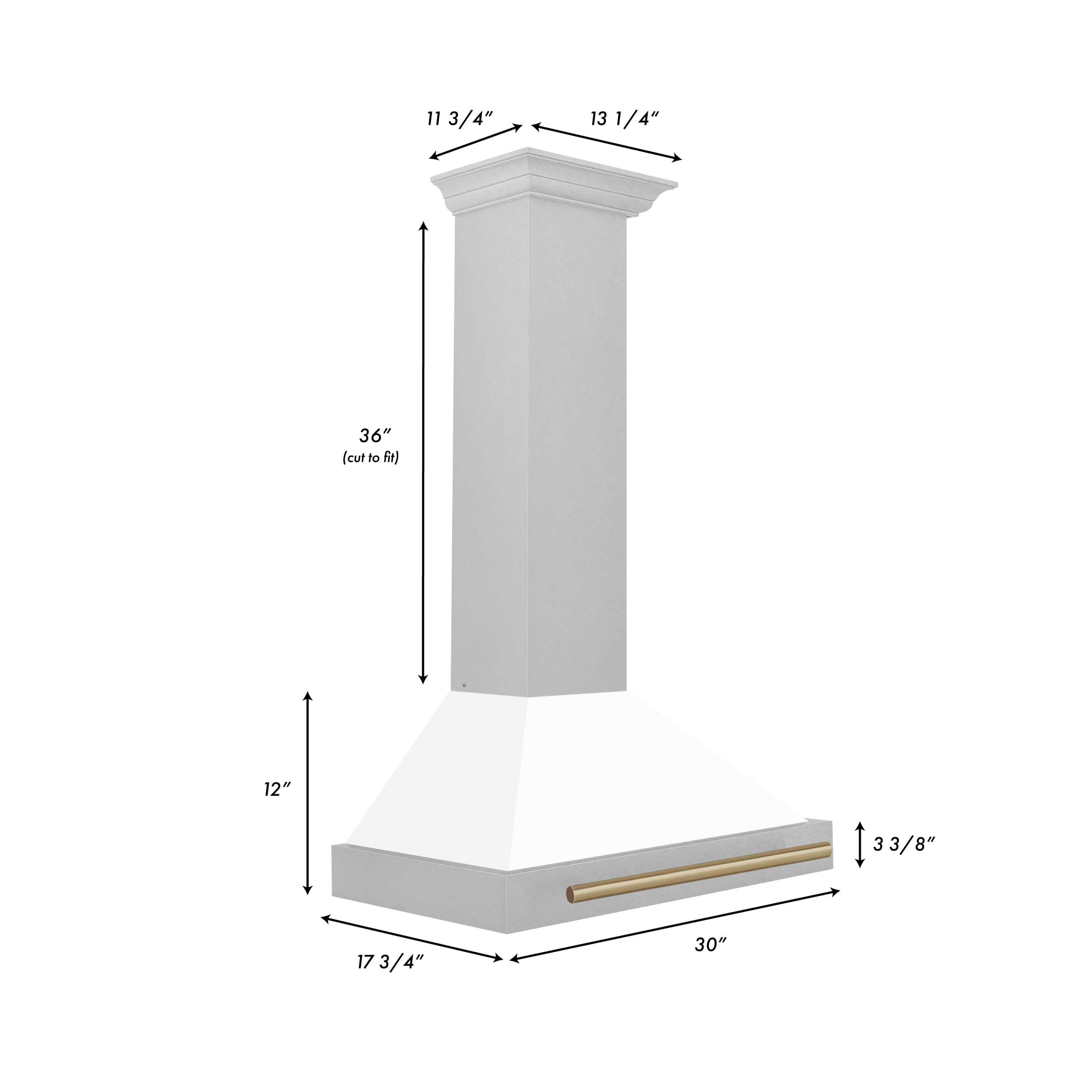 Wall-mounted range hood with white matte chimney and champagne bronze bar handle