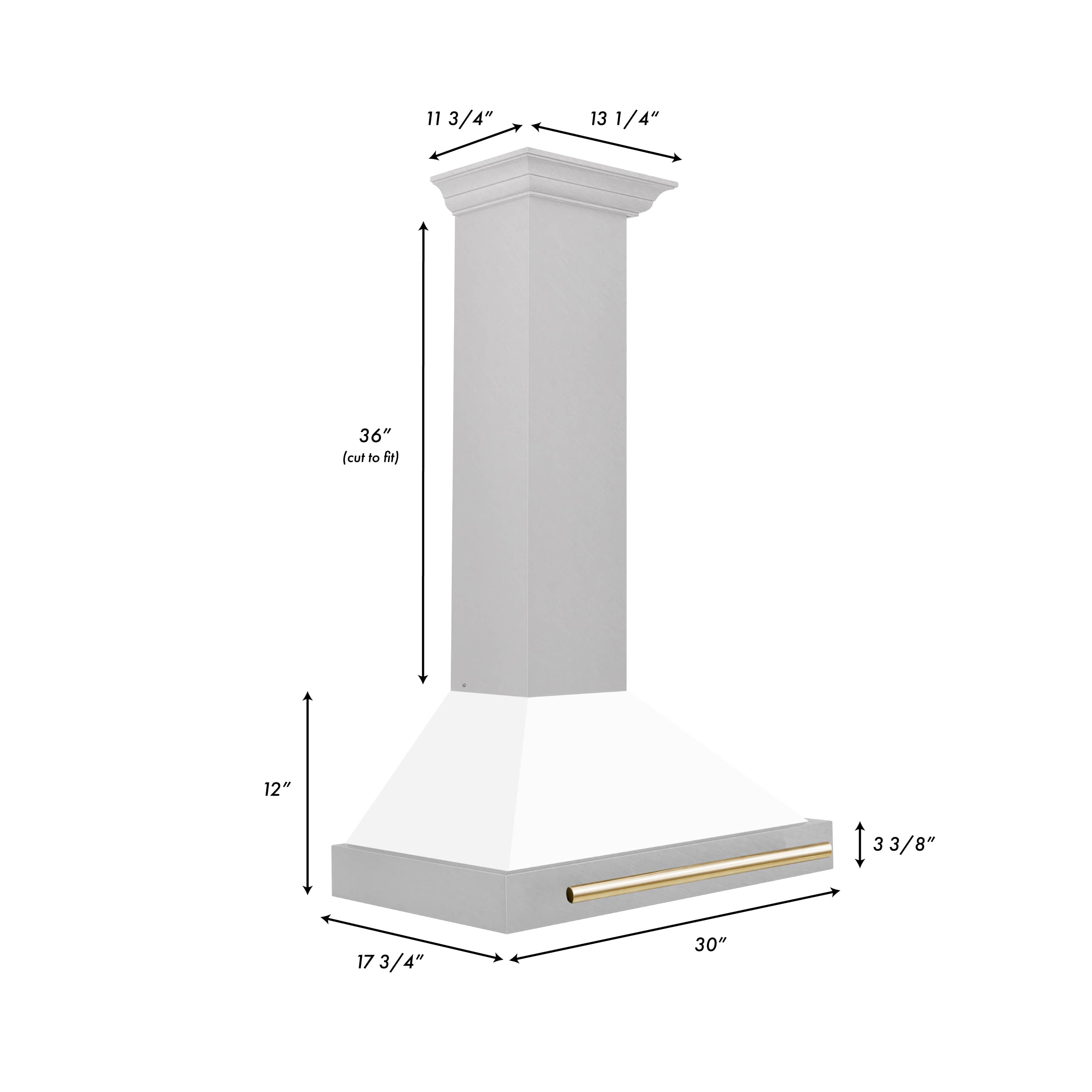 30-inch wall range hood with white matte shell and gold trim