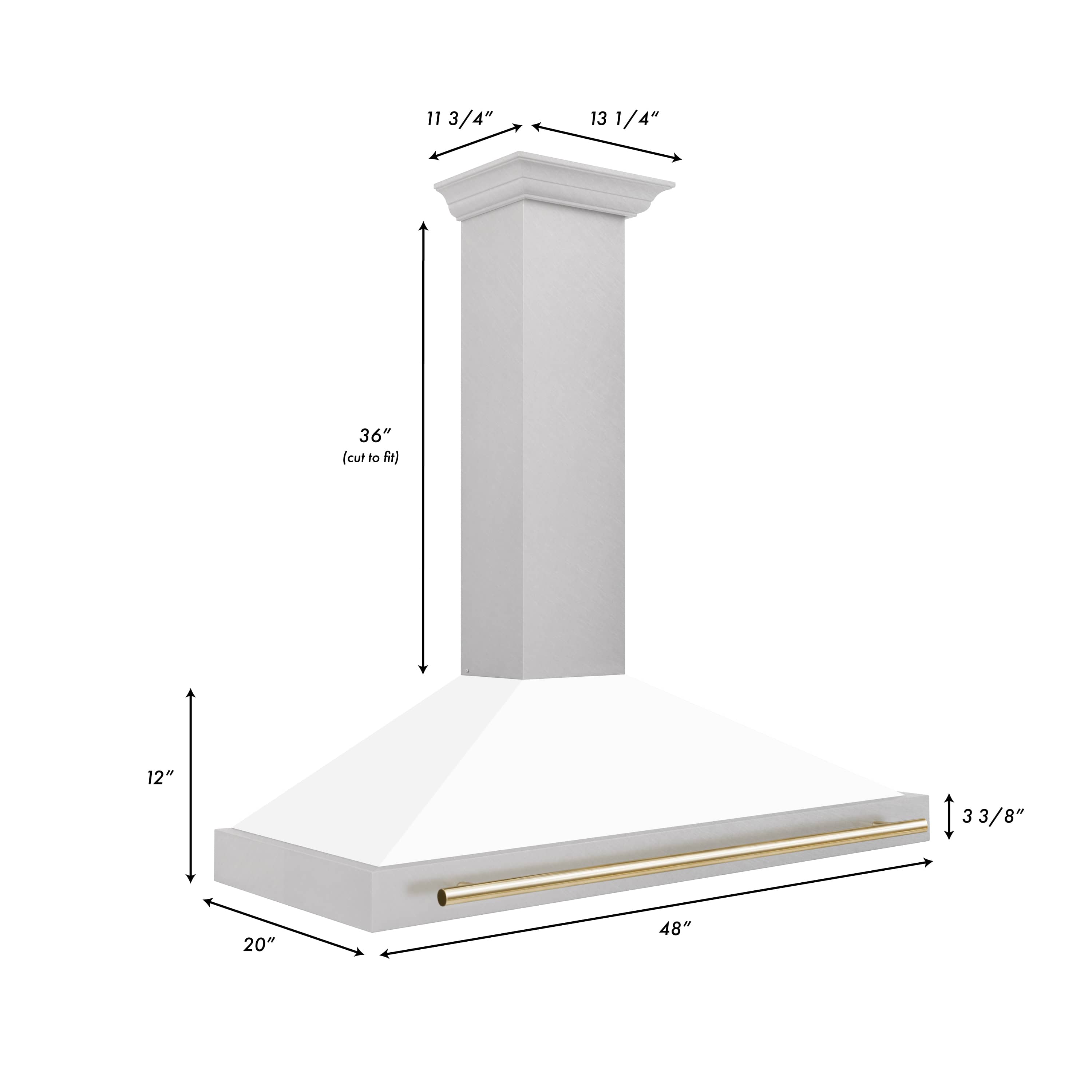 Wall-mounted range hood with white shell, gold handle bar, and wide canopy vent.