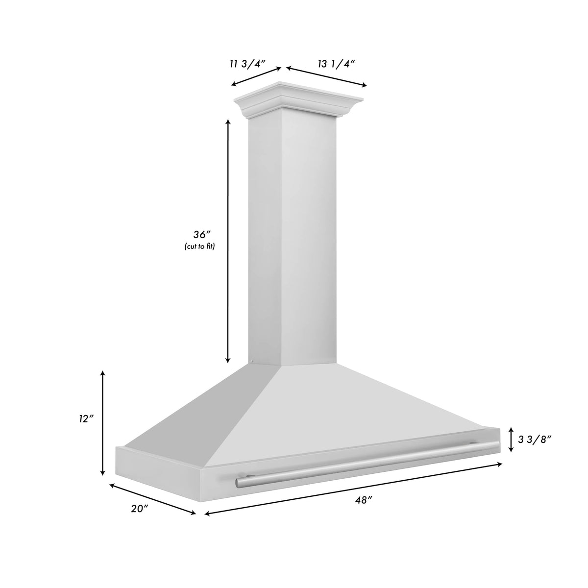 Wall-mounted stainless steel range hood with tall chimney column and wide canopy