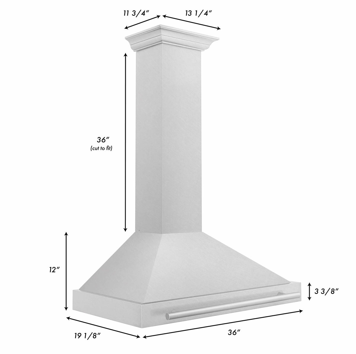 Satin stainless wall-mounted range hood dimensions diagram, 36-in cutout height 12 in.