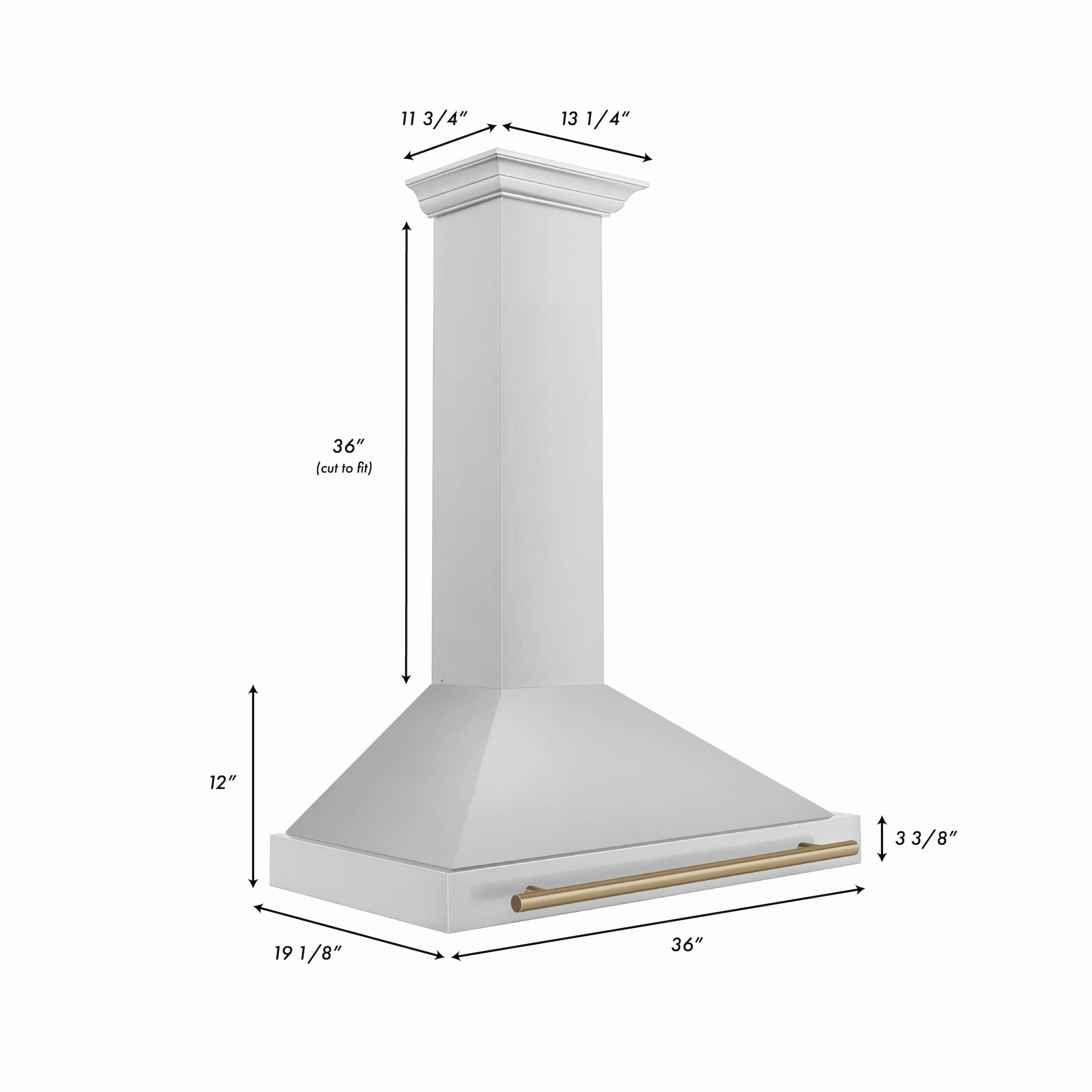 Stainless steel wall mounted range hood with champagne bronze front trim bar