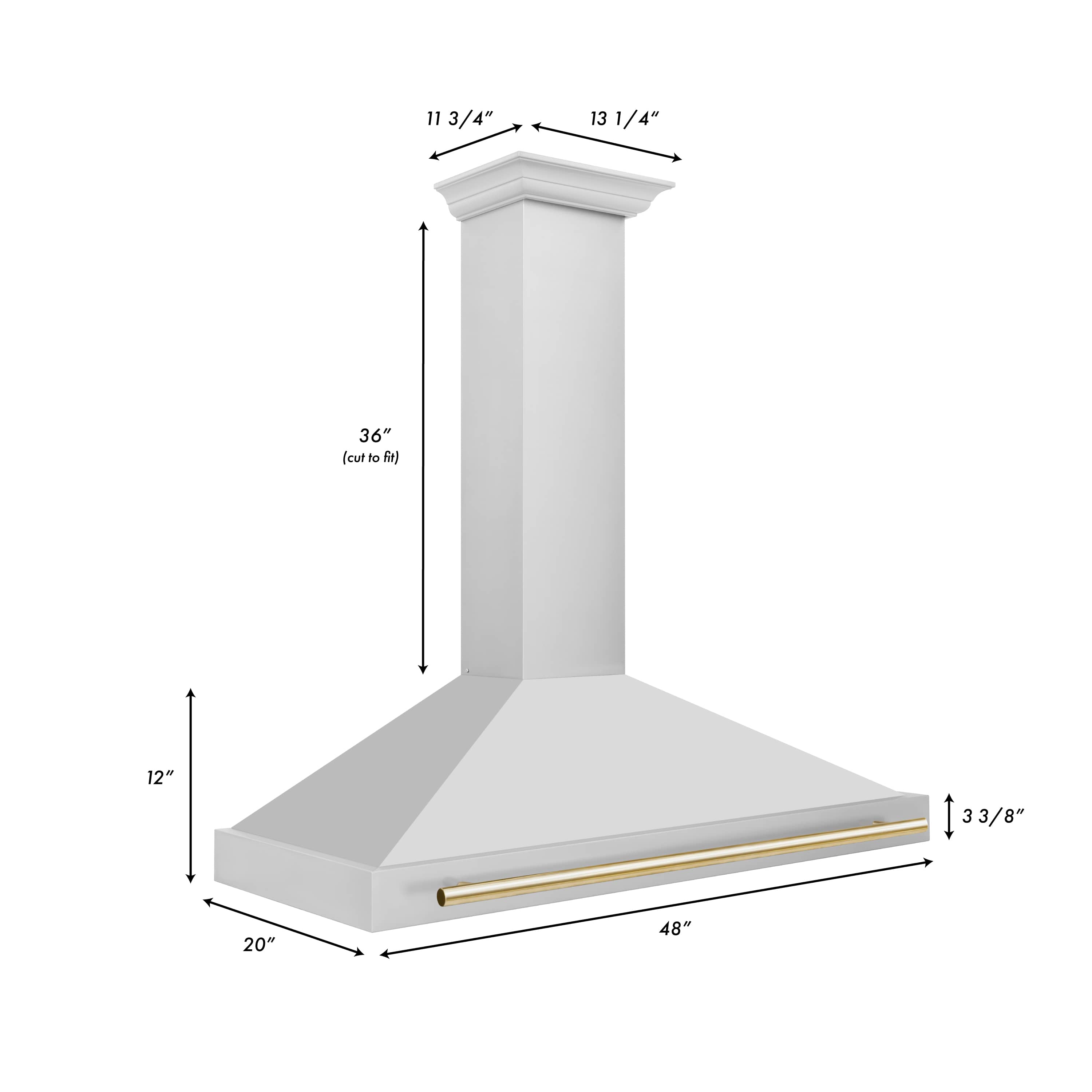 Wall-mounted range hood with white chimney, wide canopy, and gold accent trim