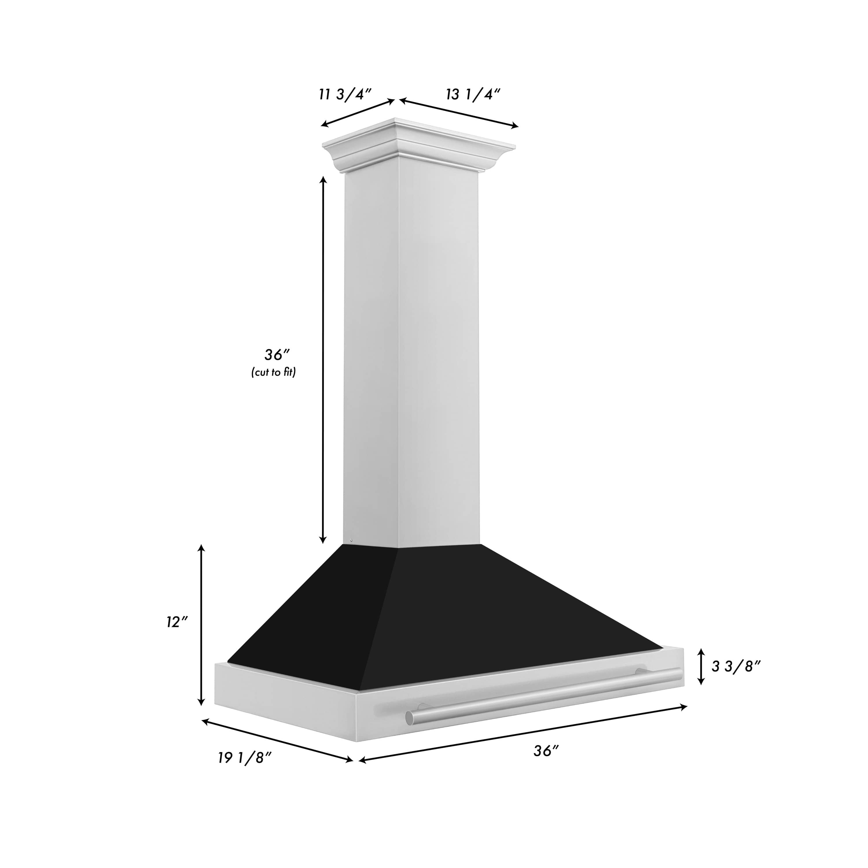 Wall-mounted range hood dimensions diagram with white chimney and dark canopy