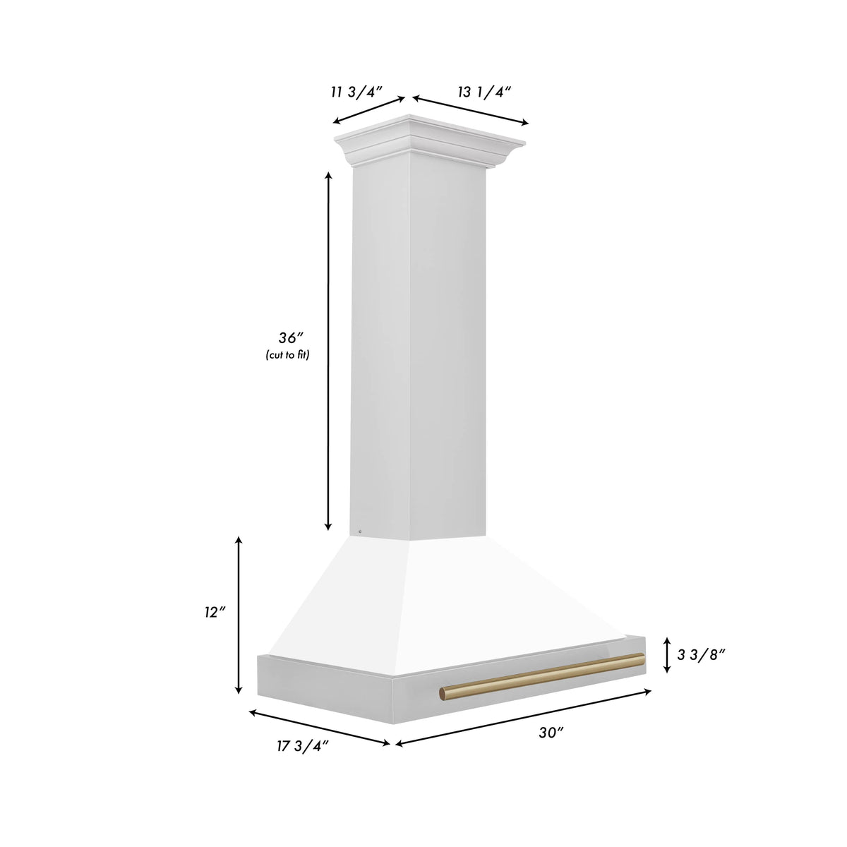 White wall-mounted range hood with champagne bronze underlight bar and side dimensions