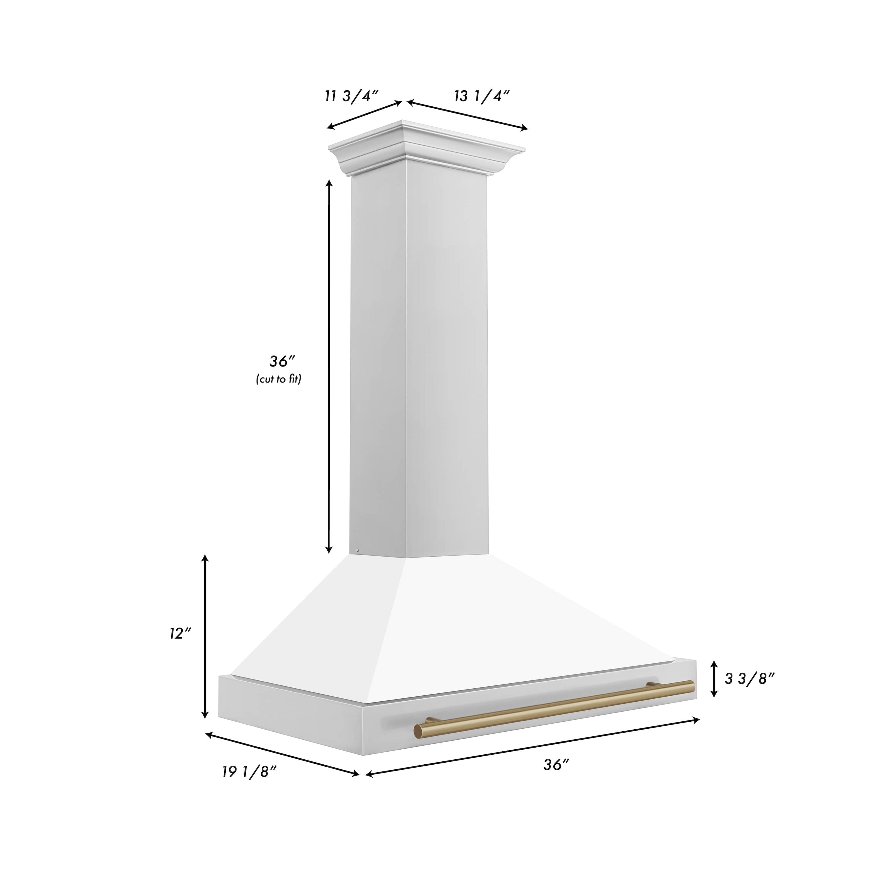 Wall-mounted range hood with white matte shell and champagne bronze accent bar