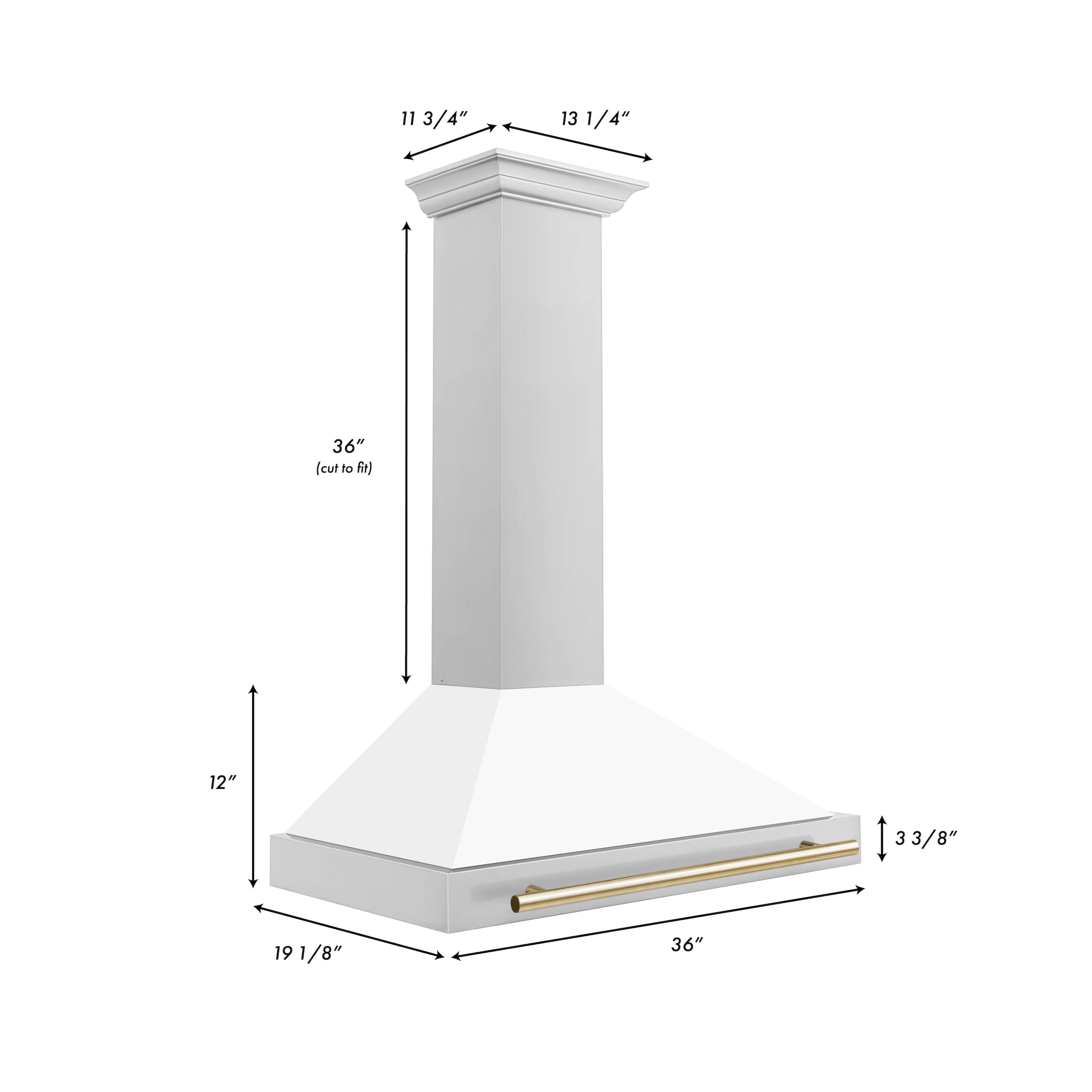 White matte wall-mounted range hood with gold accent bar and stainless body