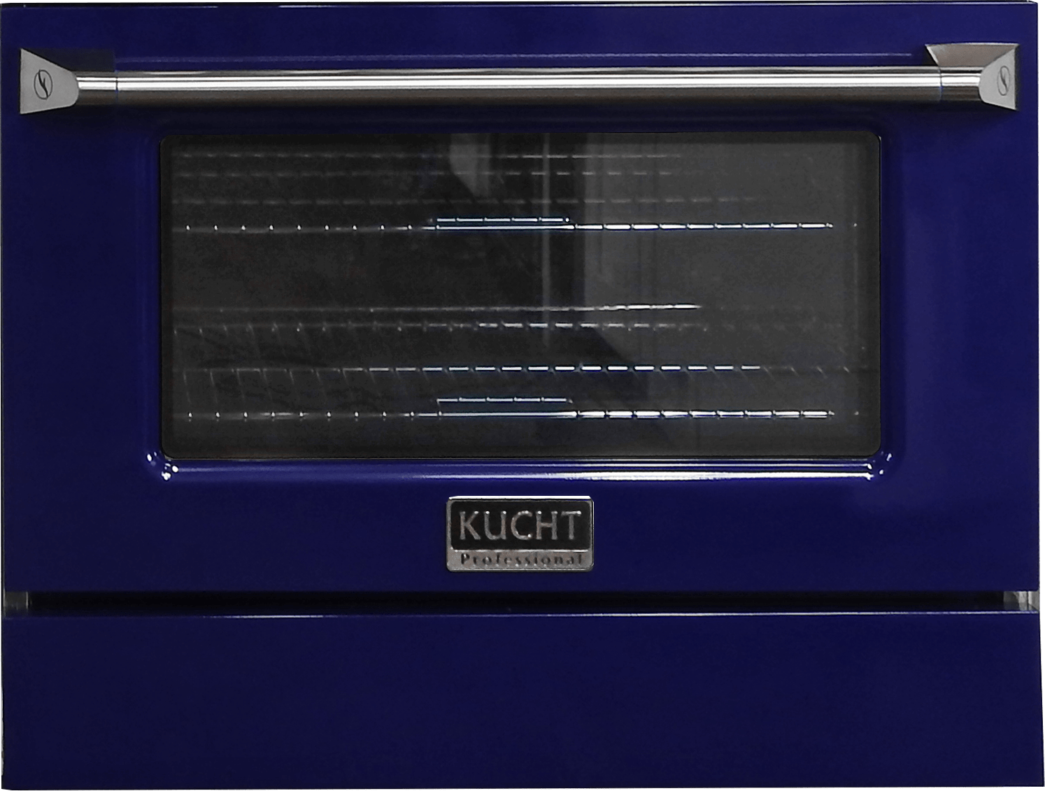 Blue oven door with glass window and stainless handle on a dual fuel range