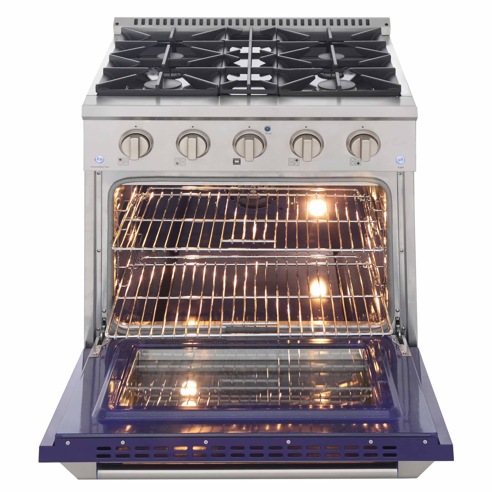 Dual fuel range oven with blue door open and two oven racks inside, lights on