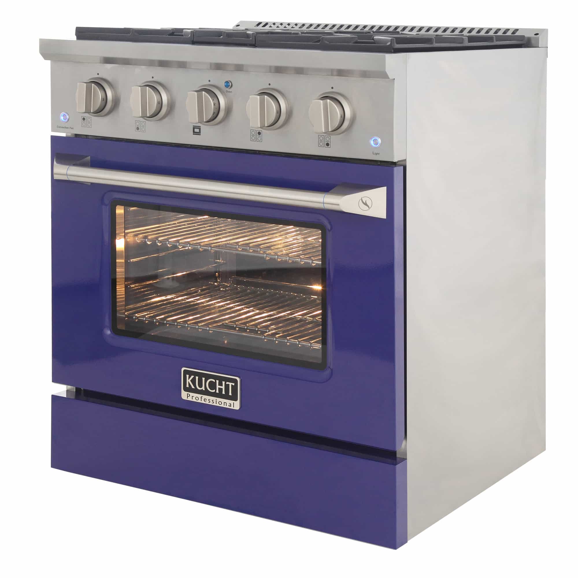 Stainless dual fuel range with blue oven door and oven light glowing inside