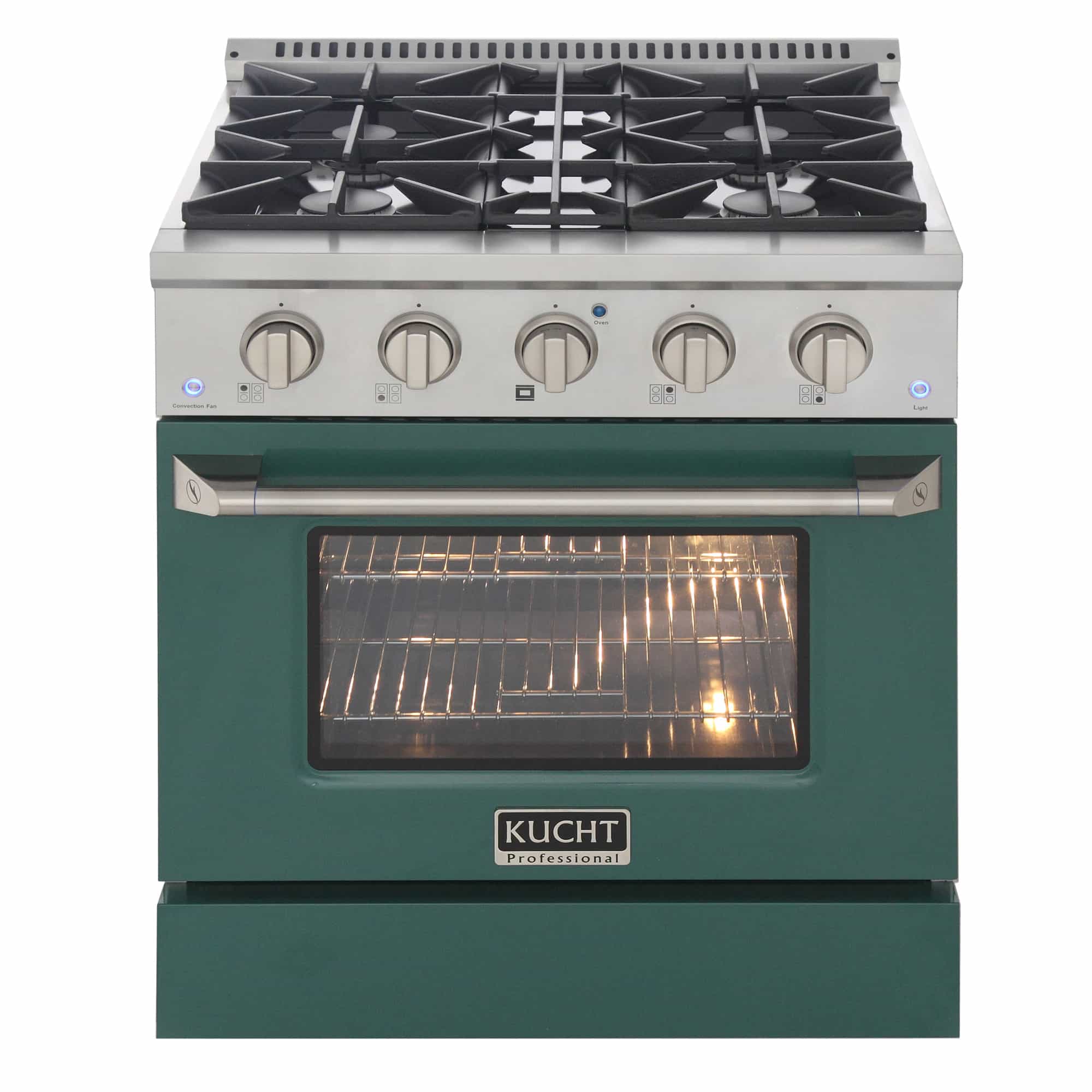 Green oven door front of a dual-fuel range with illuminated oven and control knobs