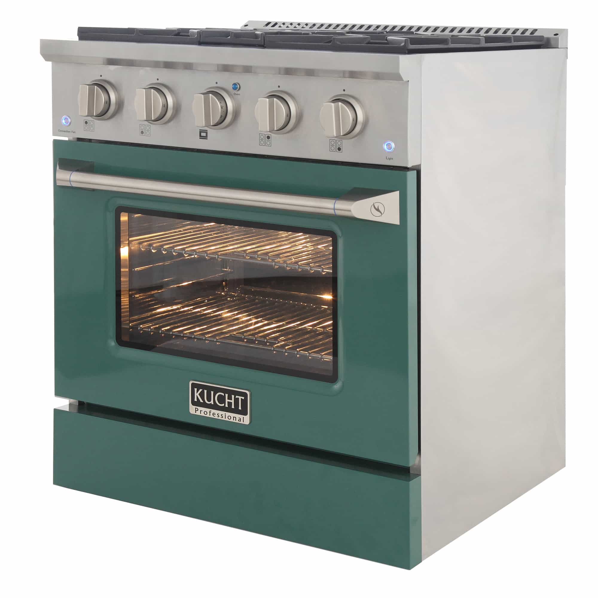 Stainless steel dual-fuel range with green oven door open and glowing oven rack