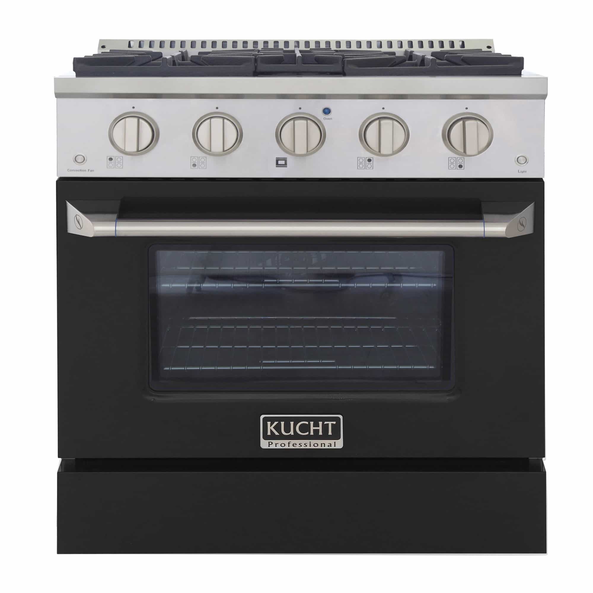 Stainless steel dual fuel range with black oven door and knob controls