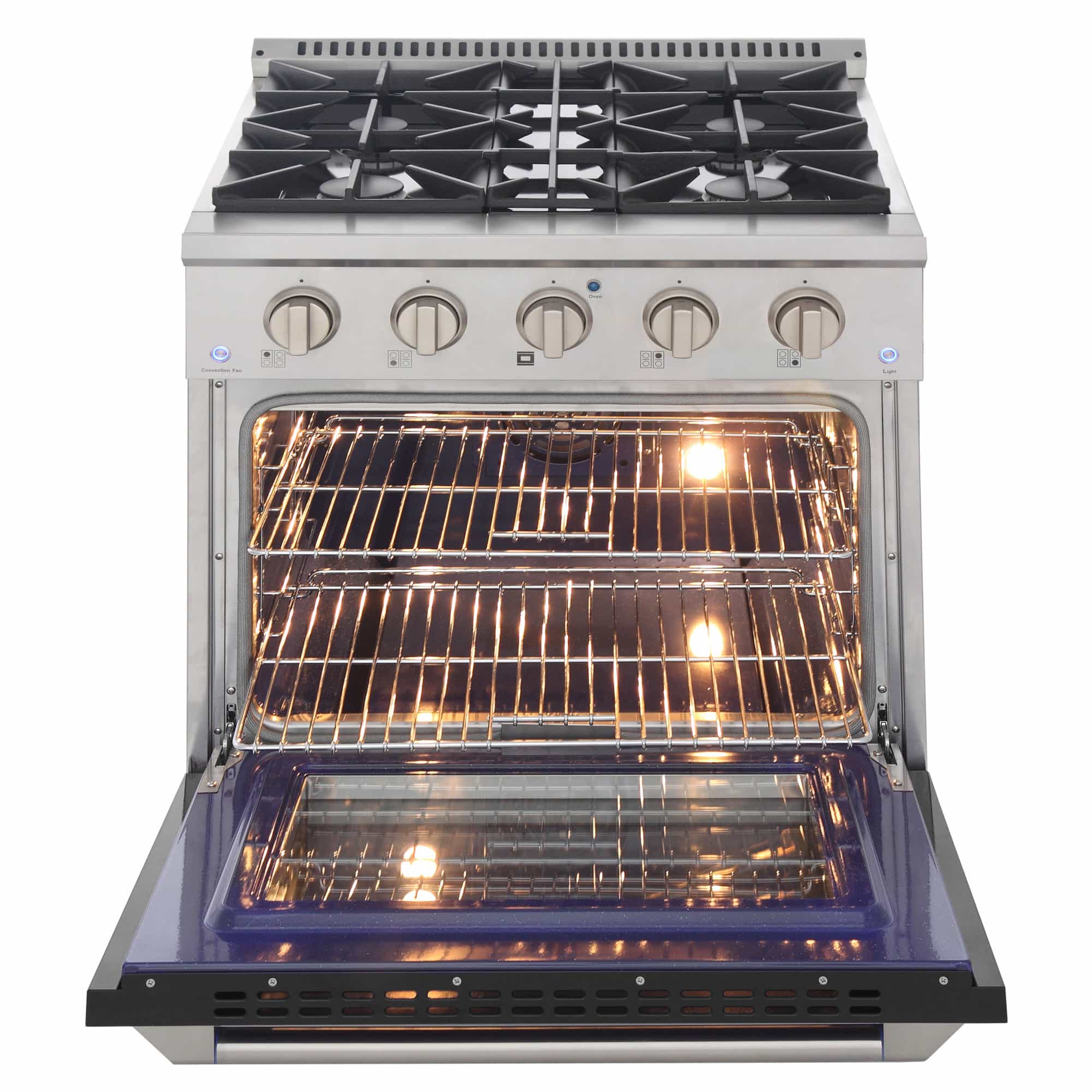 Stainless steel pro-style dual fuel range with black oven door, open oven and burner knobs