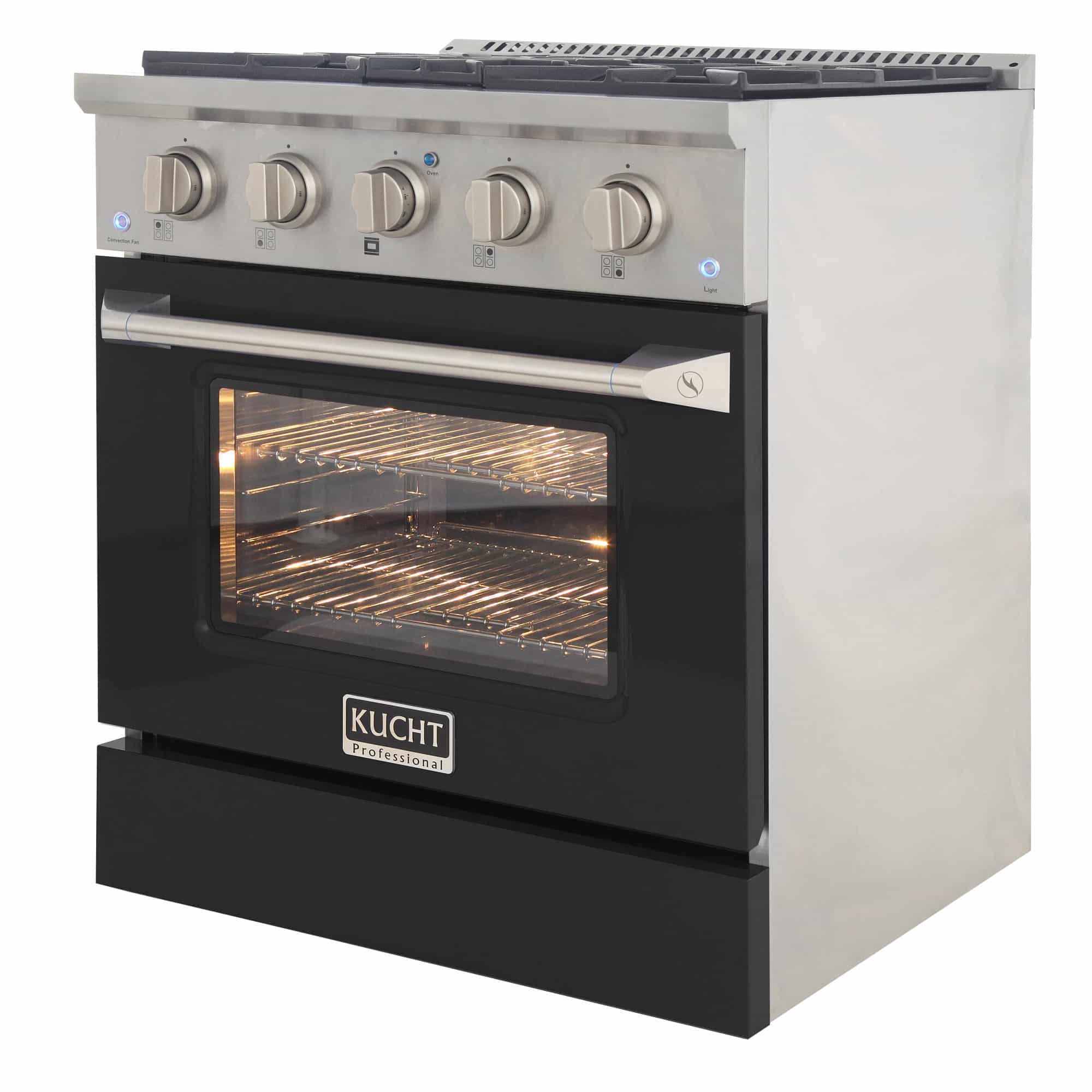 Stainless steel oven door with viewing window and control knob row