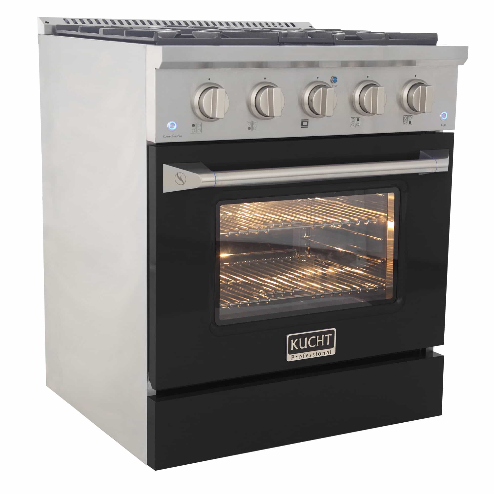 Stainless steel range with black oven door and control knobs