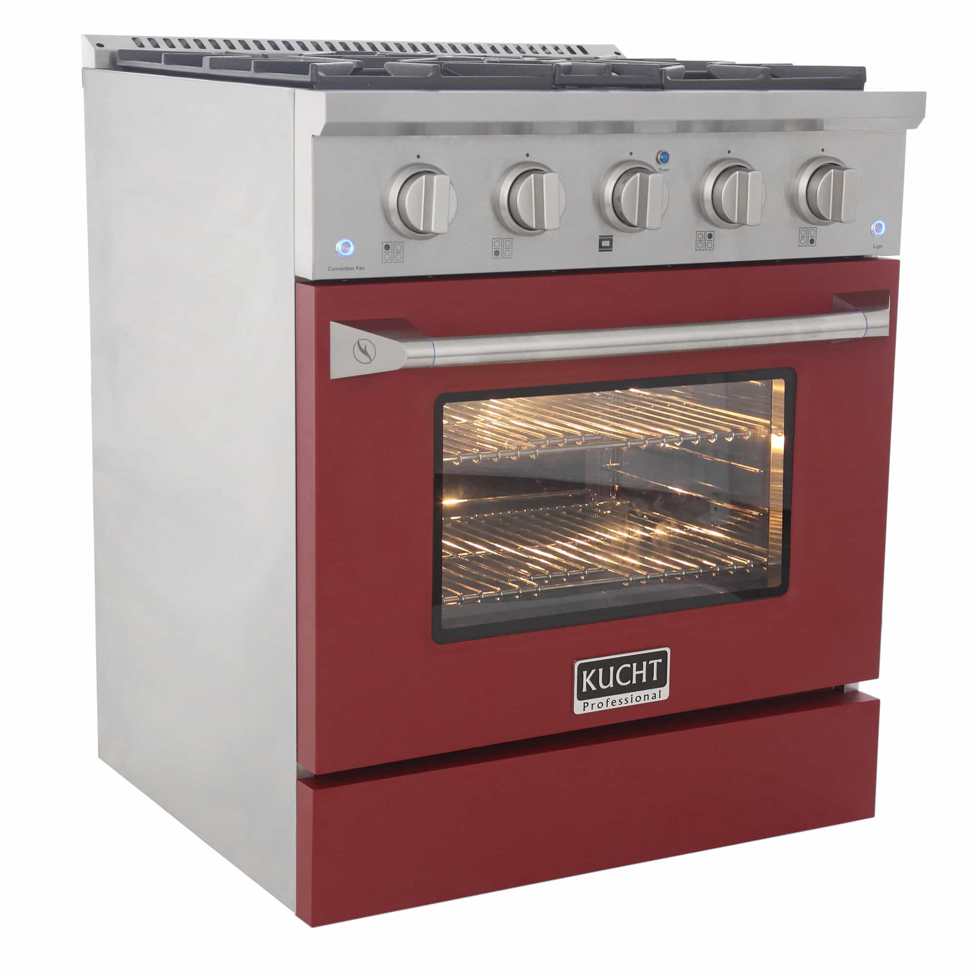 Angled view of red pro-style dual fuel range with open, illuminated oven