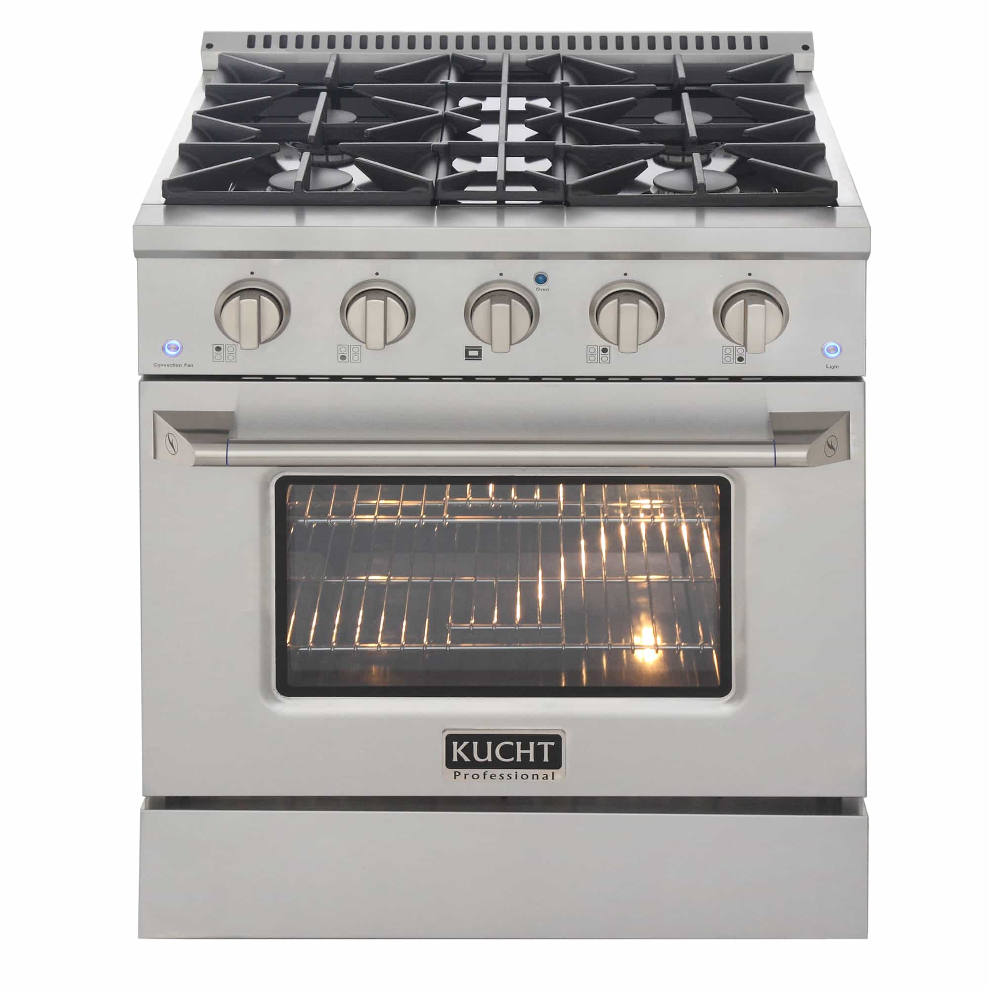 Stainless steel dual fuel range with five gas burners and lit oven window