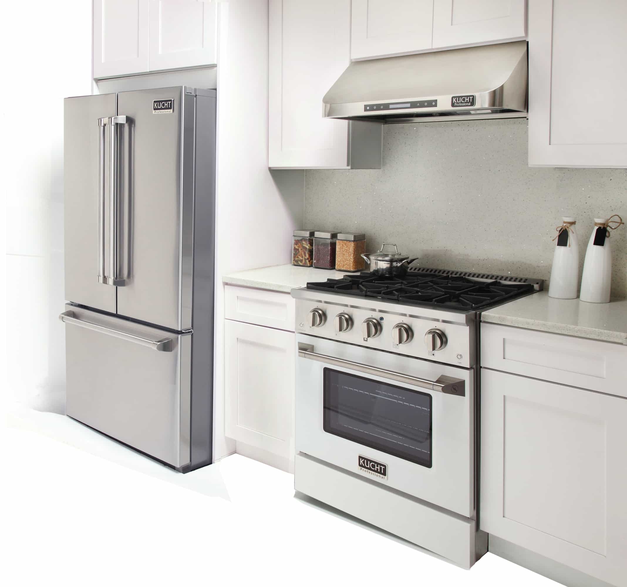Kucht pro-style dual fuel range with stainless hood and white oven door, gas cooktop
