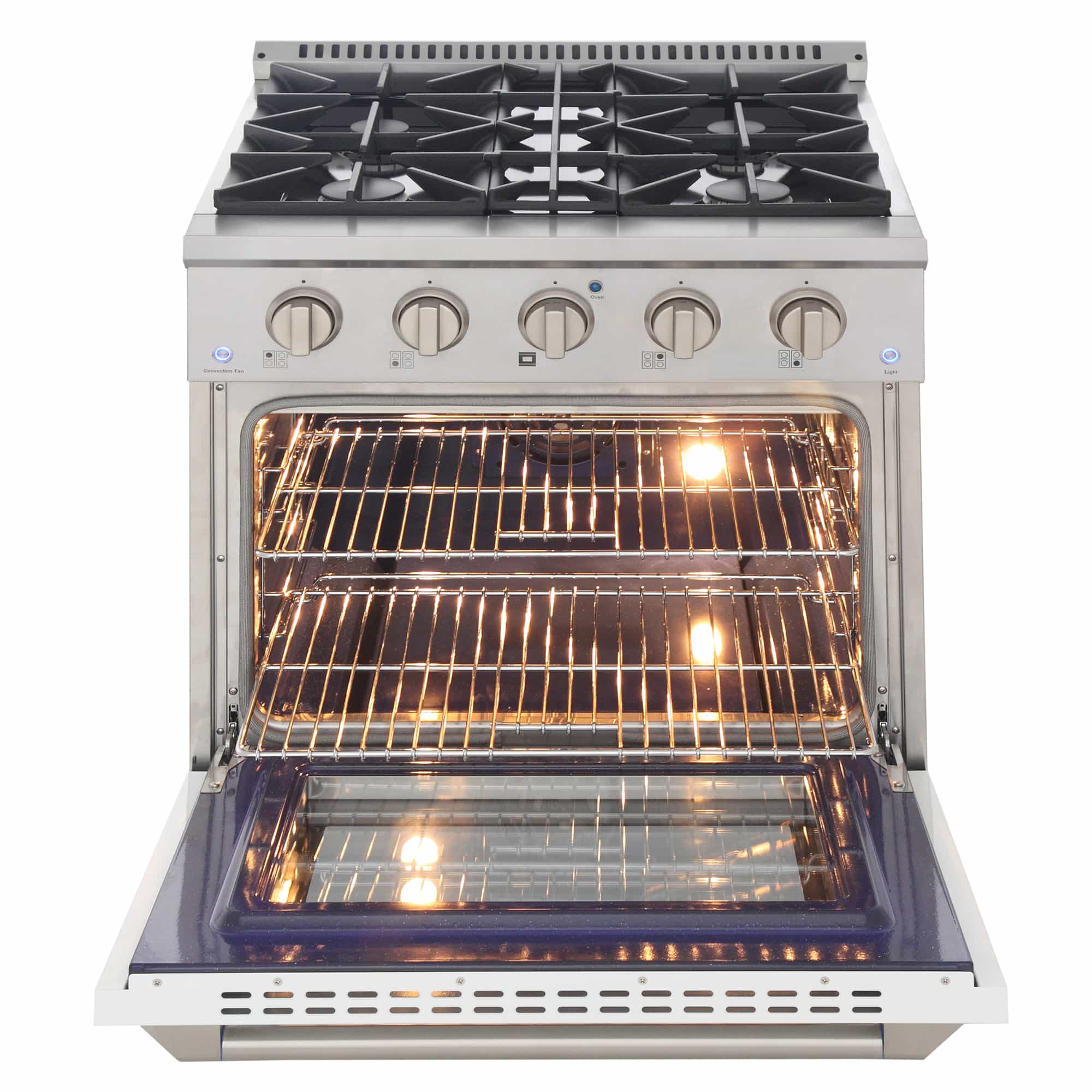 Illuminated oven interior with wire racks and glowing heating elements