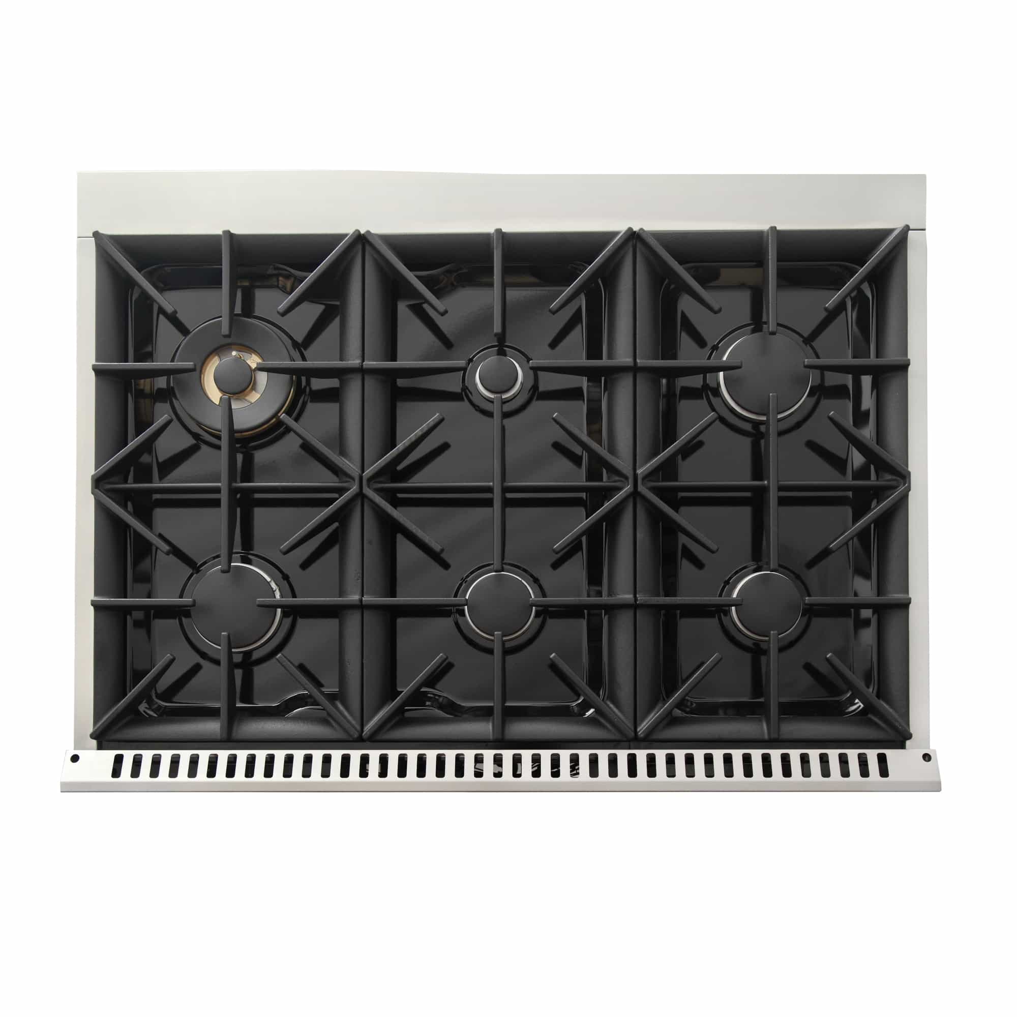 Dual fuel gas cooktop with black cast-iron burner grates and five burners