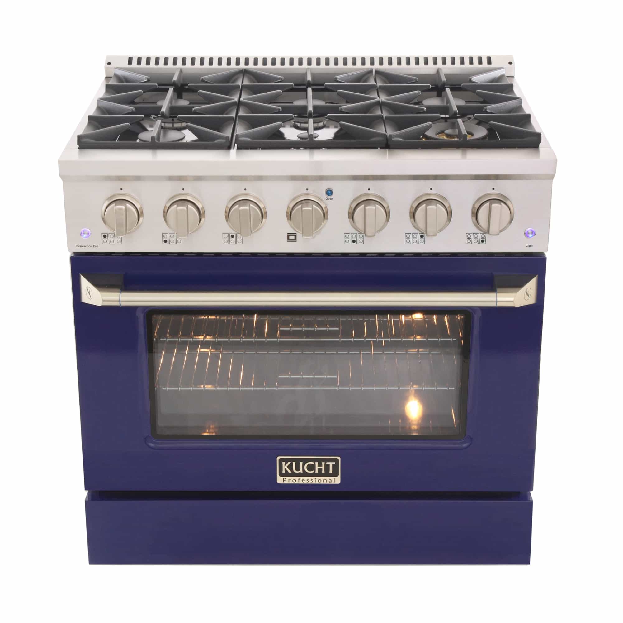Stainless dual fuel range with lit oven window and front control knobs