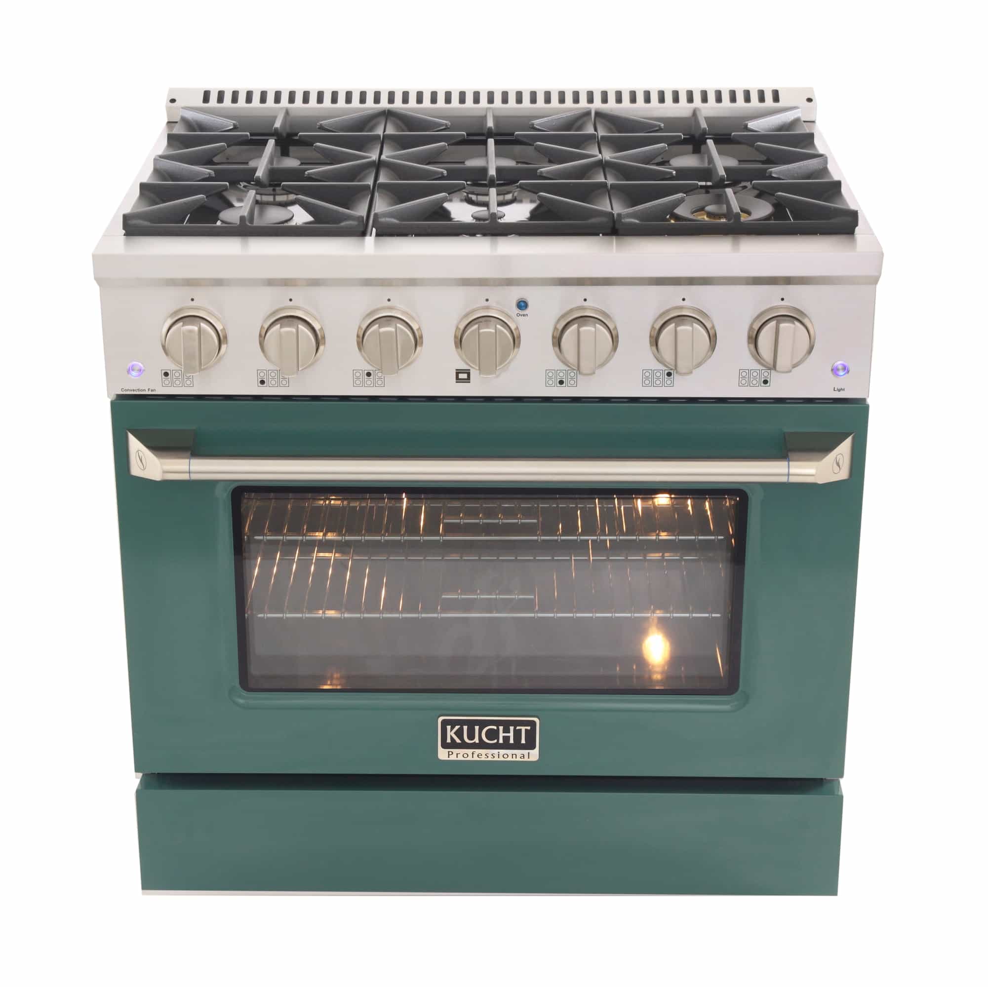 Dual fuel range with stainless cooktop, green oven door, and lit oven window
