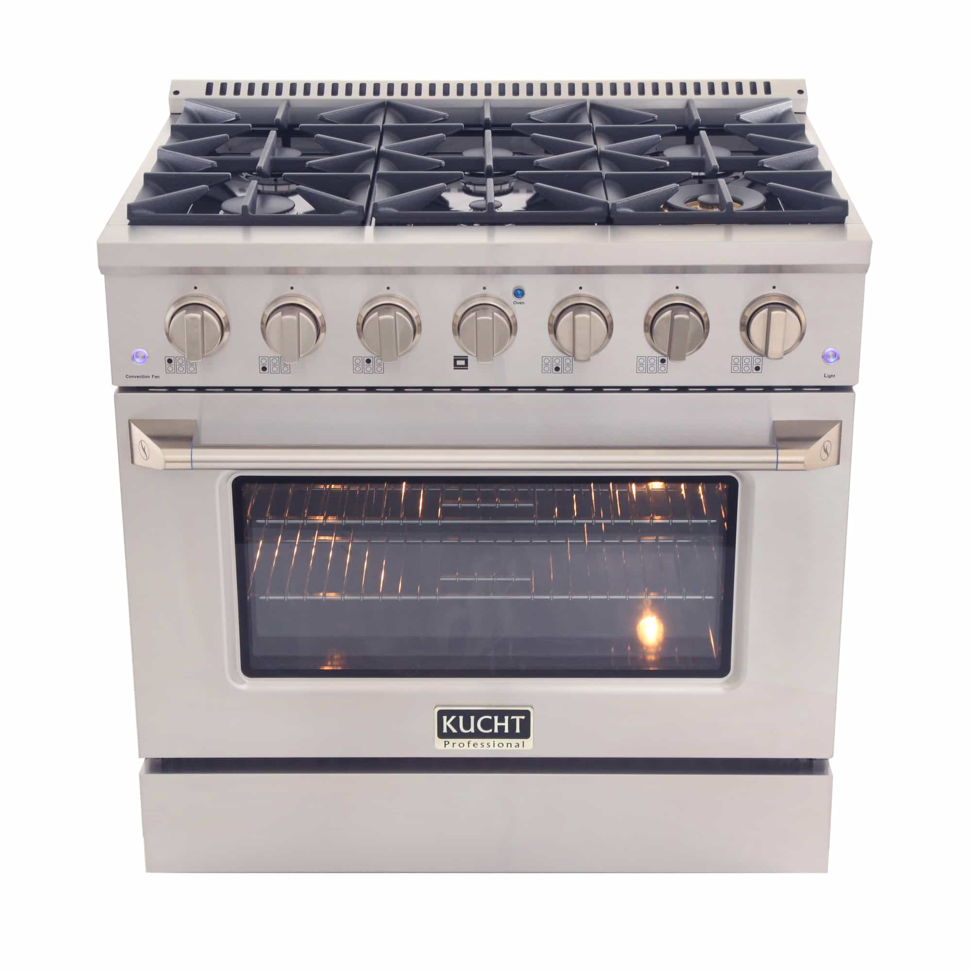 Stainless steel dual fuel range front view with burner knobs and oven window