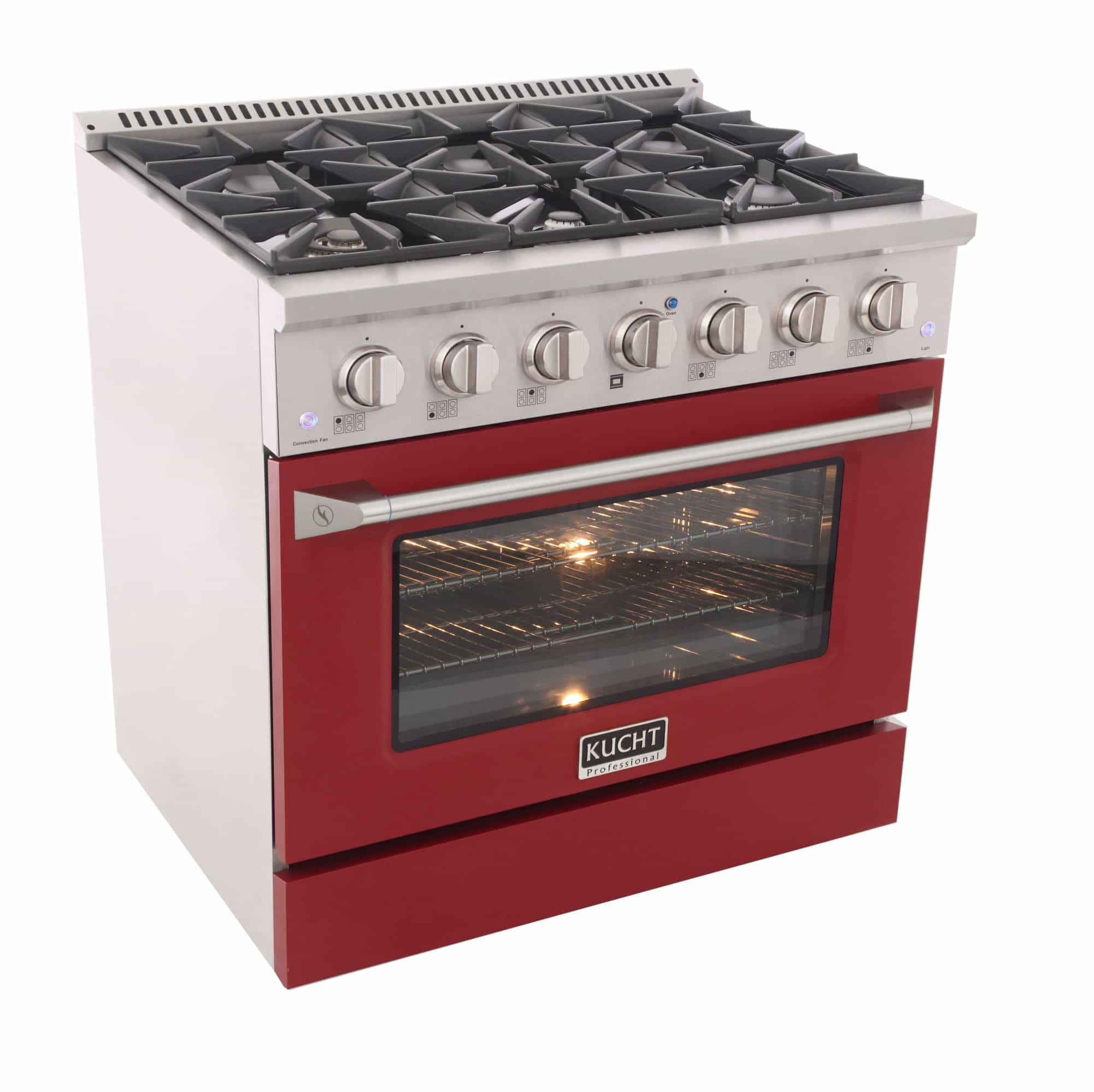 Stainless and red Kucht dual fuel range with burners and lit oven window