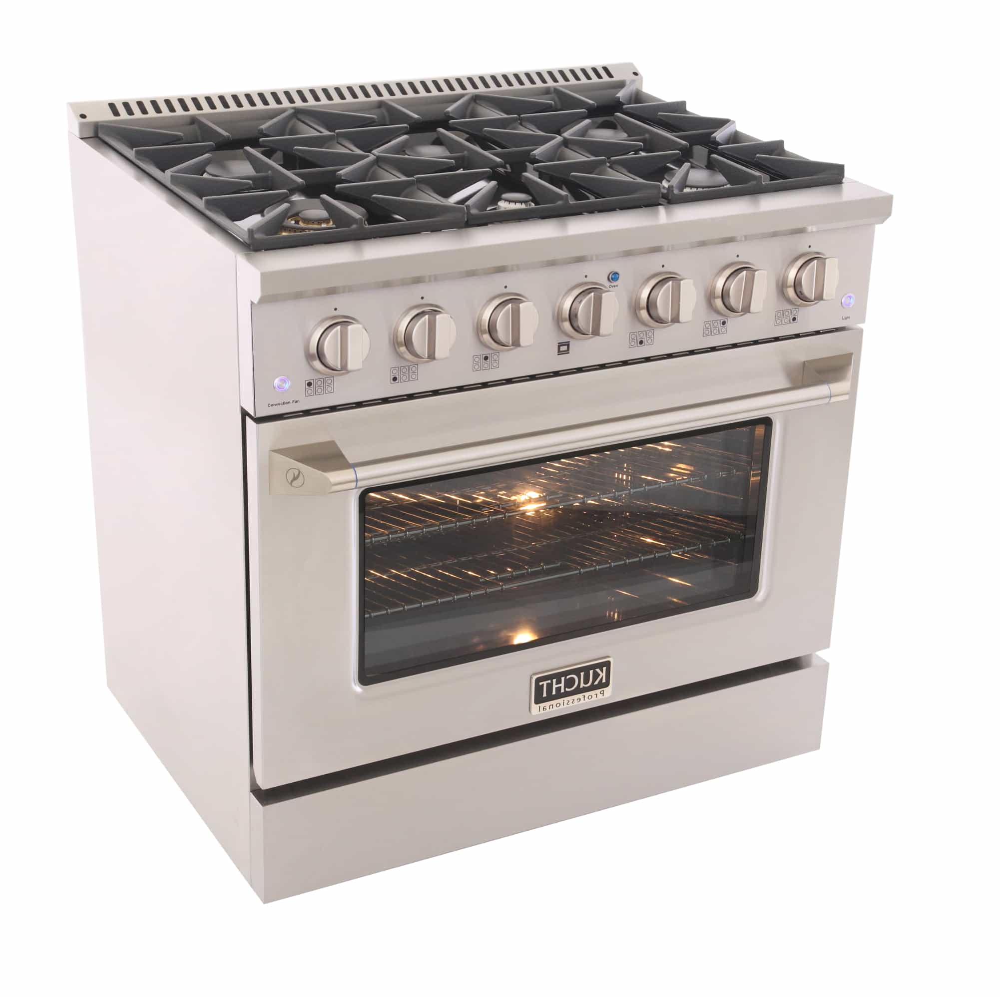 Stainless steel dual fuel range with lit oven door and control knobs