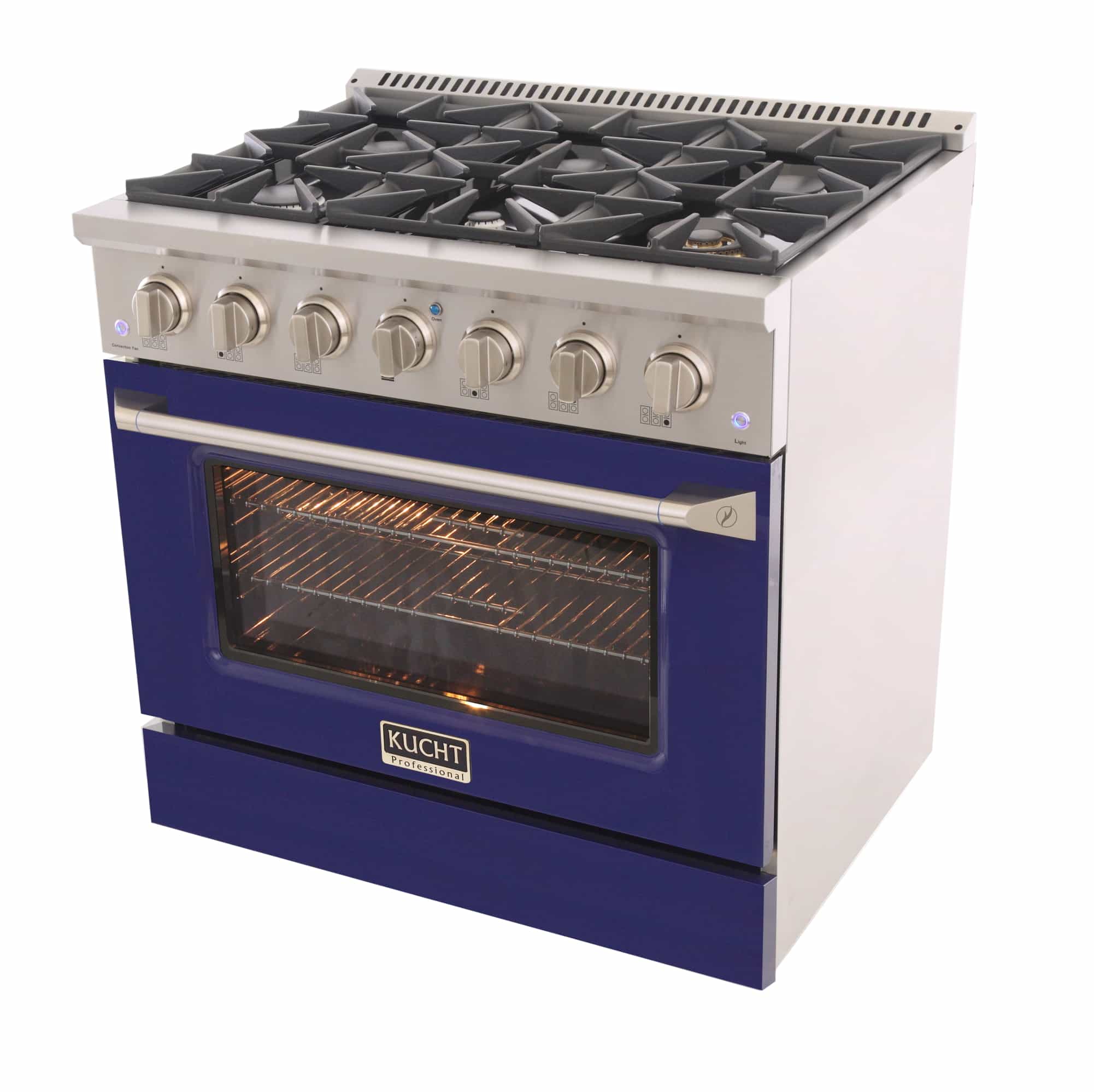 Stainless dual fuel range with blue oven door and lit oven interior visible