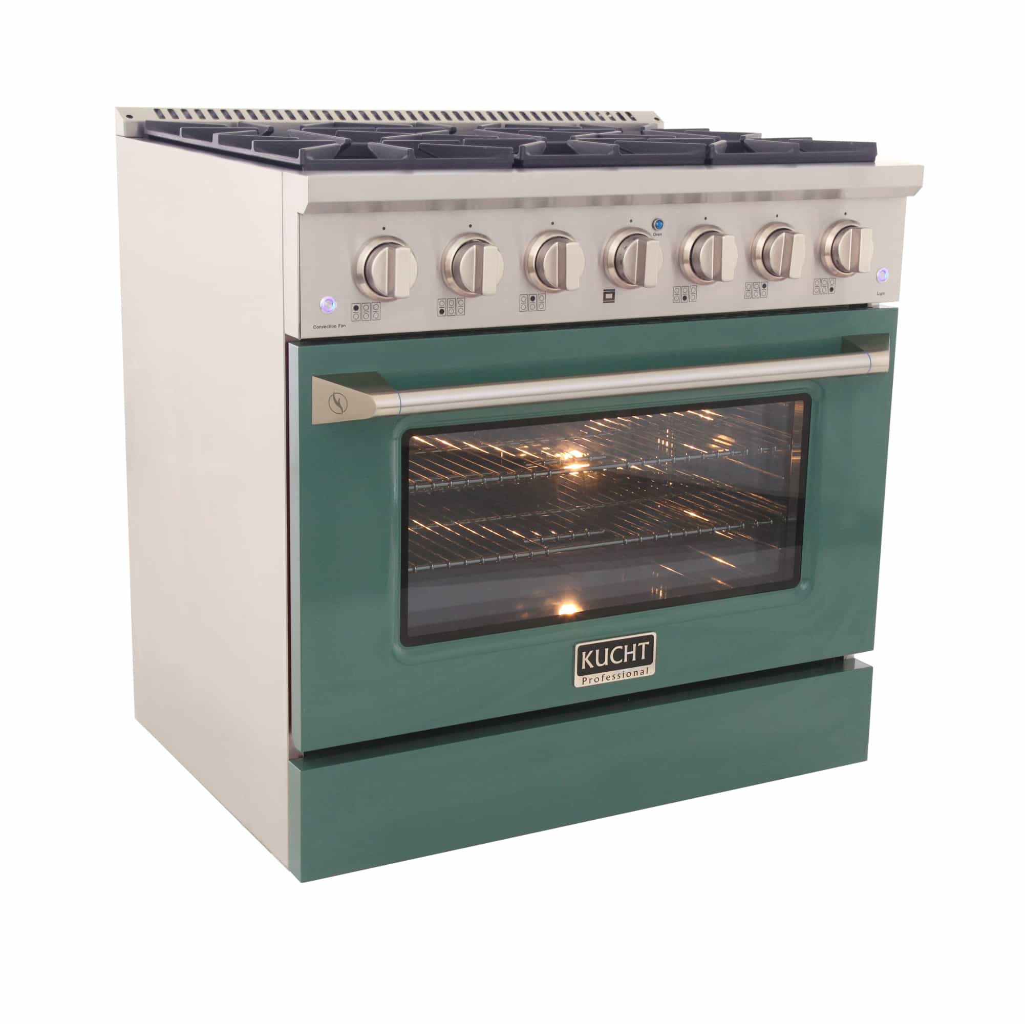 Dual fuel range with green oven door open, lit interior and stainless control panel